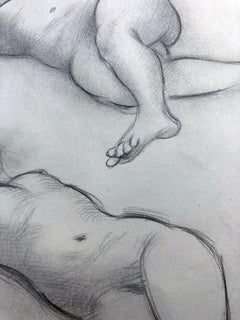 Two Reclining Nudes, Females, Highly Detailed Pencil Drawing on Paper