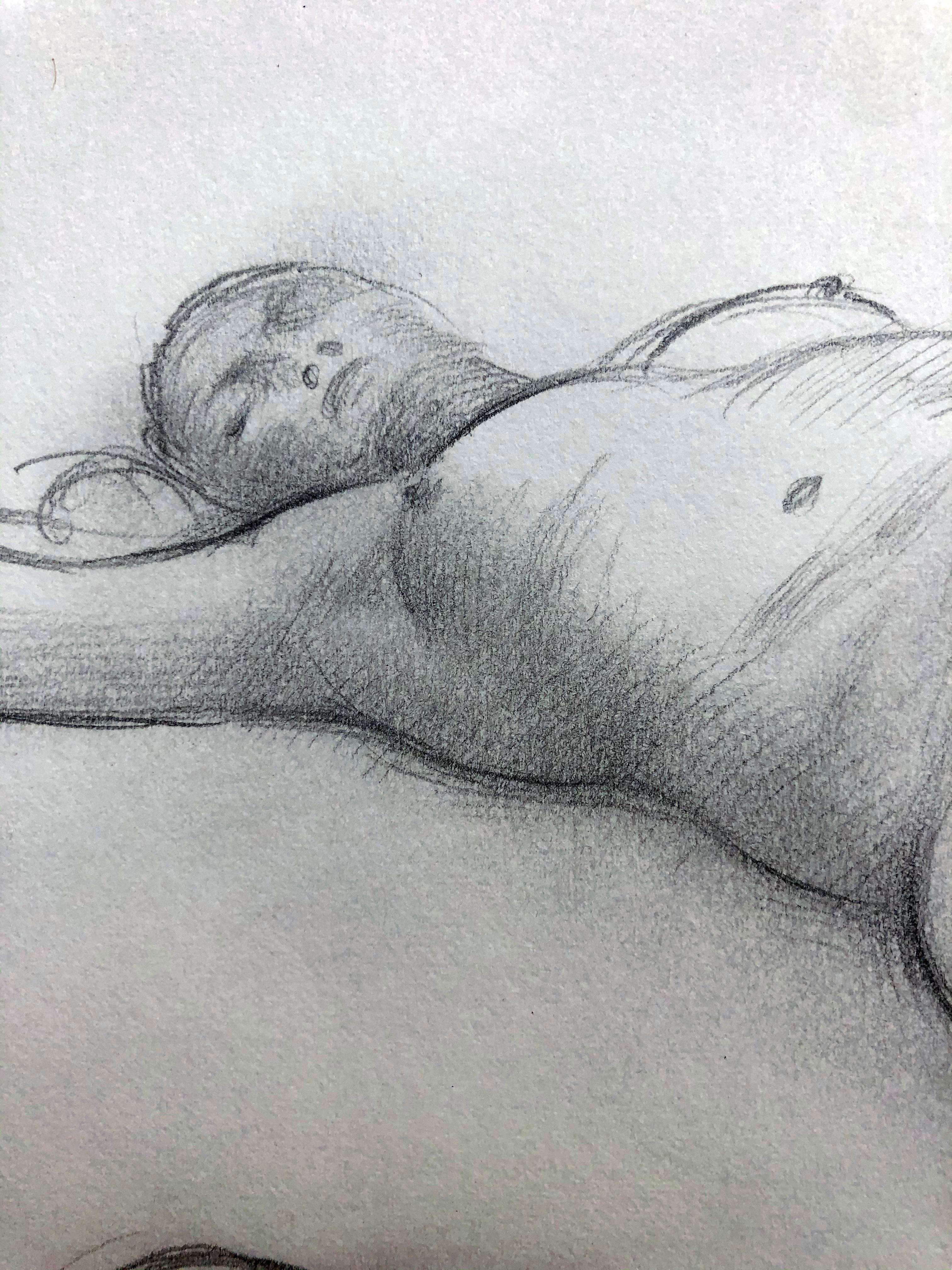Deux nus couchés, femmes, dessin au crayon sur papier très détaillé - Gris Portrait par Oliver Hazard