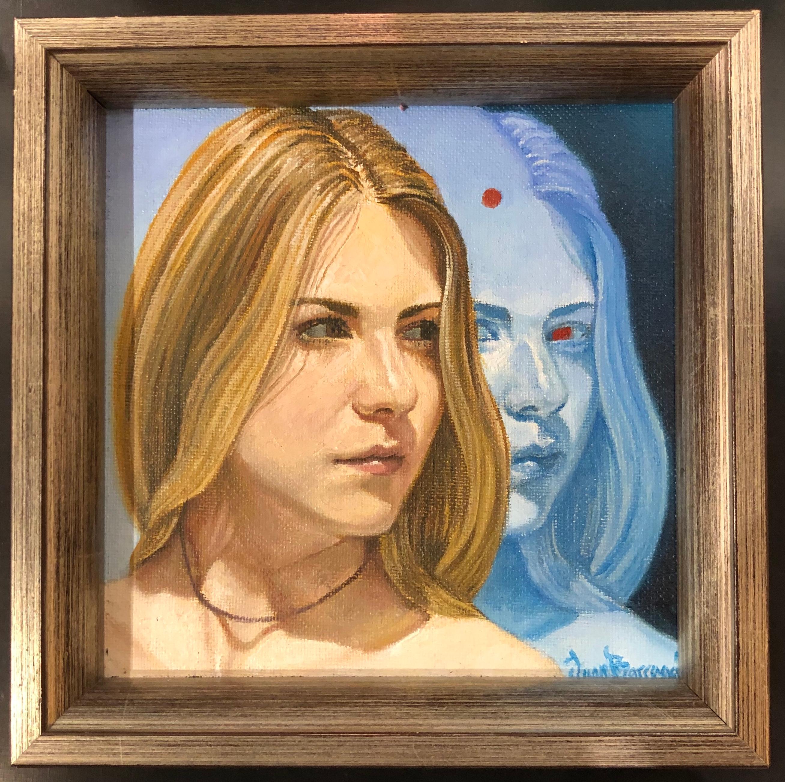 Study for Blue Face, Blond Female with Reflective Blue Face, Oil on Panel - Painting by Juan Barragán