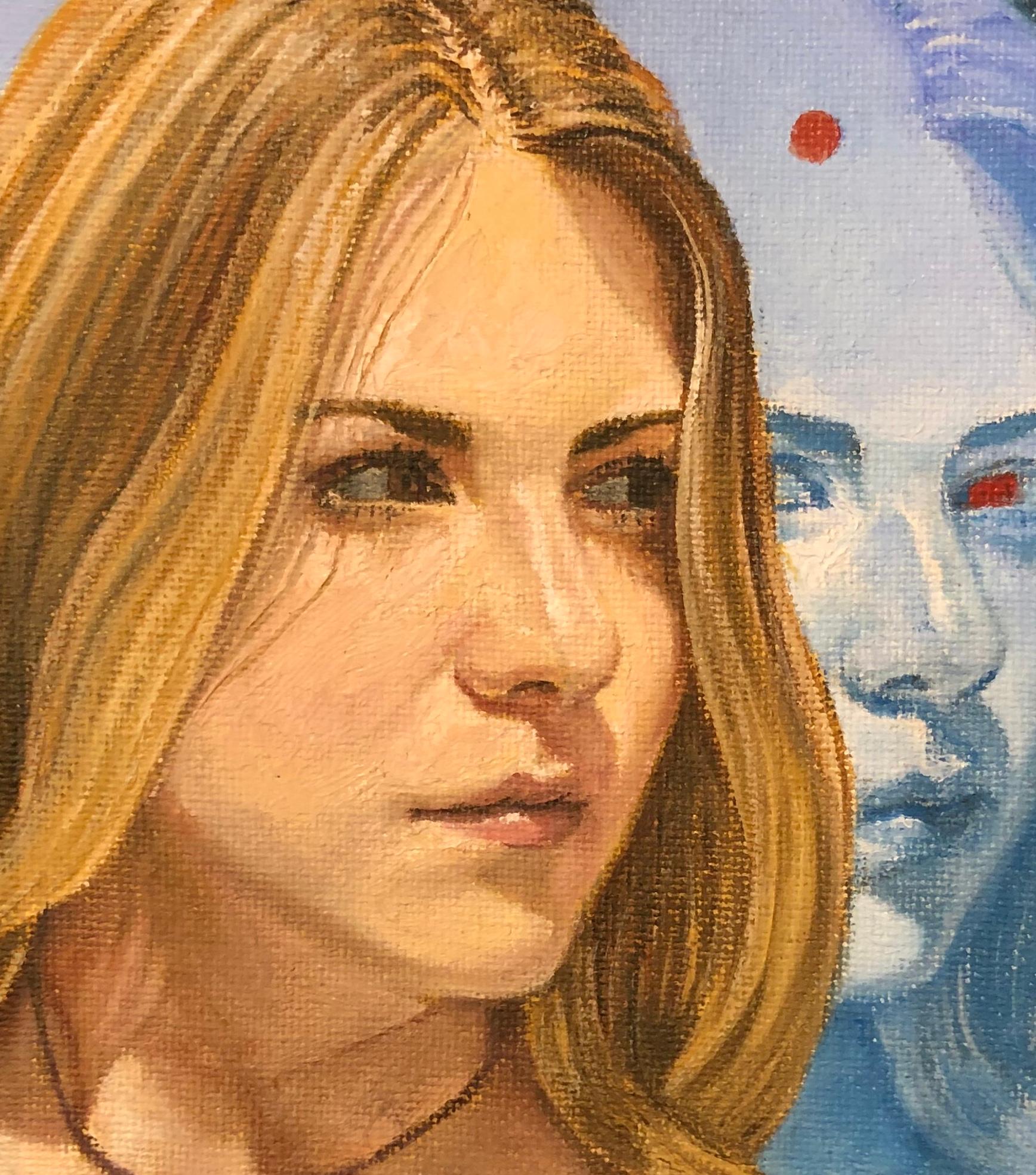 Étude pour Blue Face, Femme blonde au visage bleu réfléchissant, huile sur panneau - Marron Figurative Painting par Juan Barragán