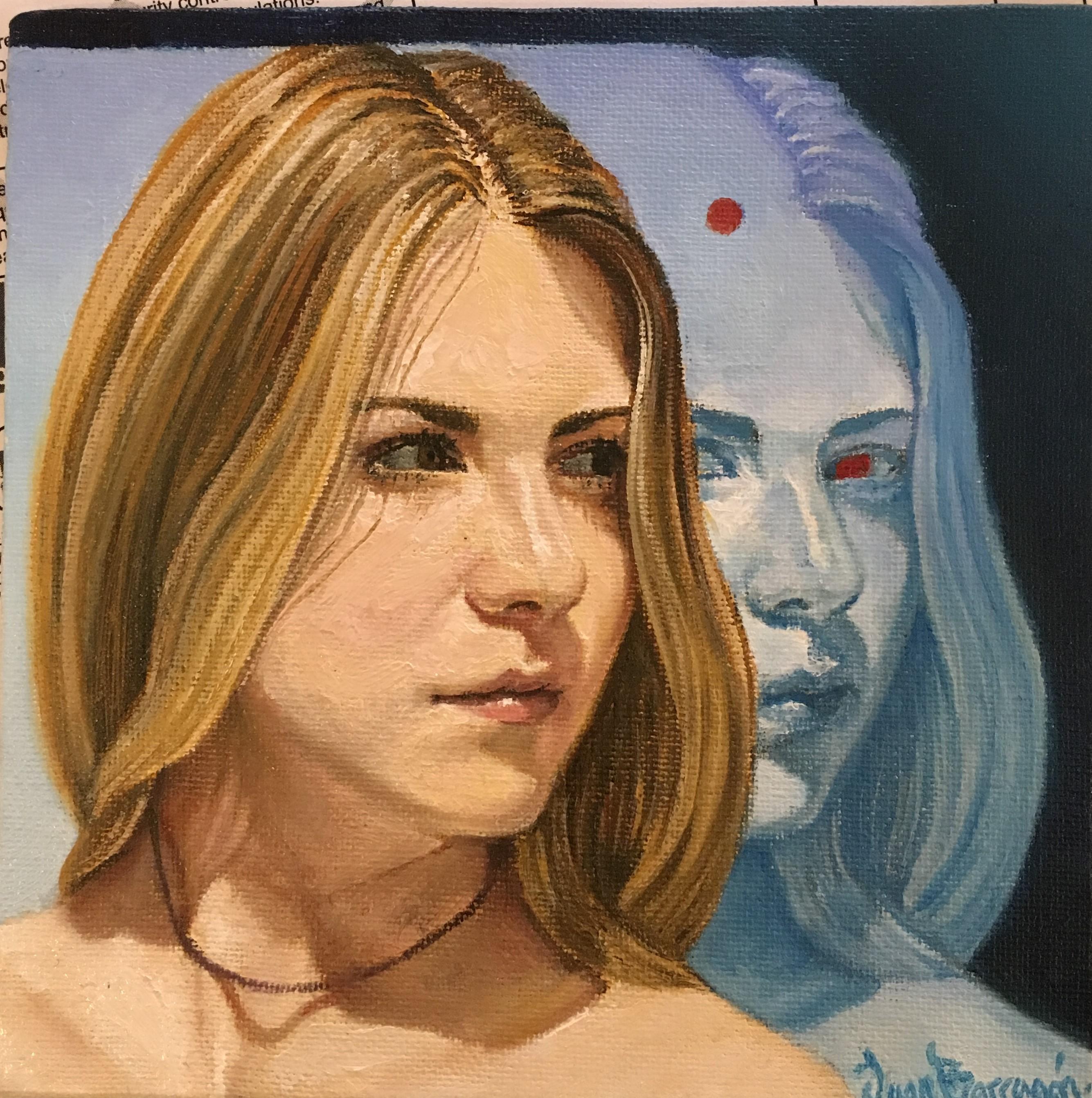 Figurative Painting Juan Barragán - Étude pour Blue Face, Femme blonde au visage bleu réfléchissant, huile sur panneau