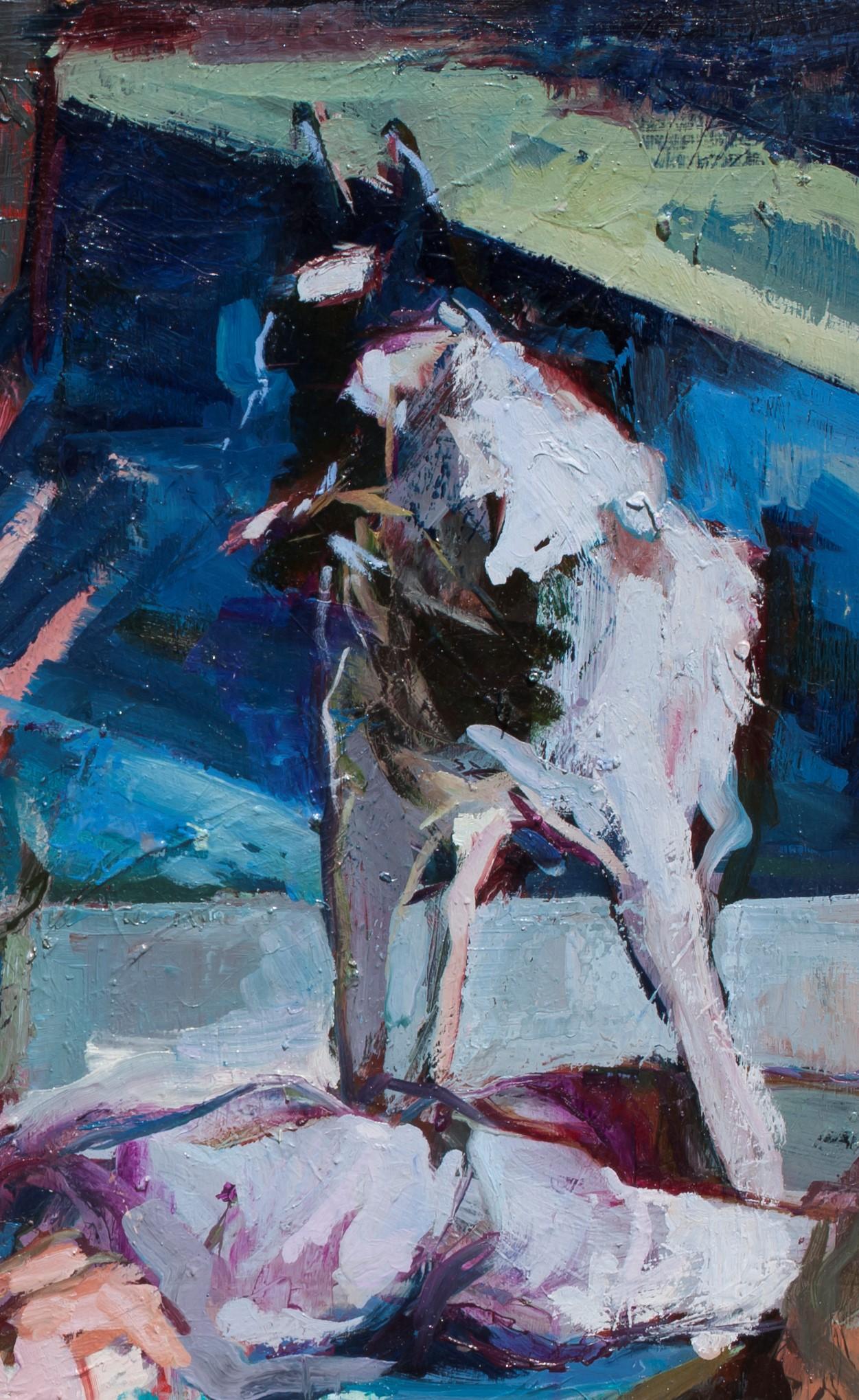 Eyes of Shivers - Cinema-inspiriertes Ölgemälde mit zwei sich umarmenden Menschen und einem Hund (Blau), Animal Painting, von Georgia Hinaris