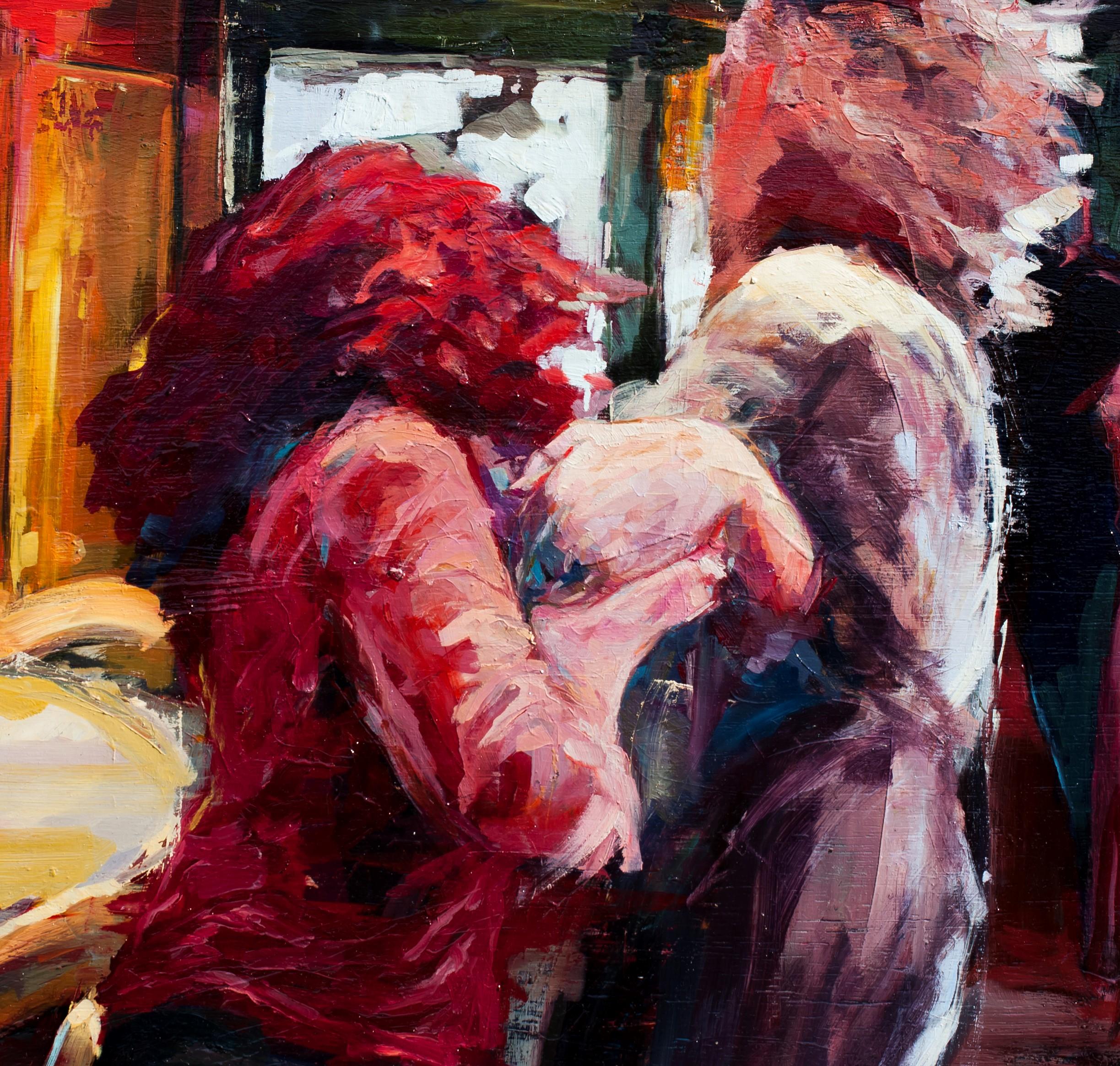 Terror Carrie - Cinema Inspired Oil Painting, Two Women Inside a Café  - Black Interior Painting by Georgia Hinaris