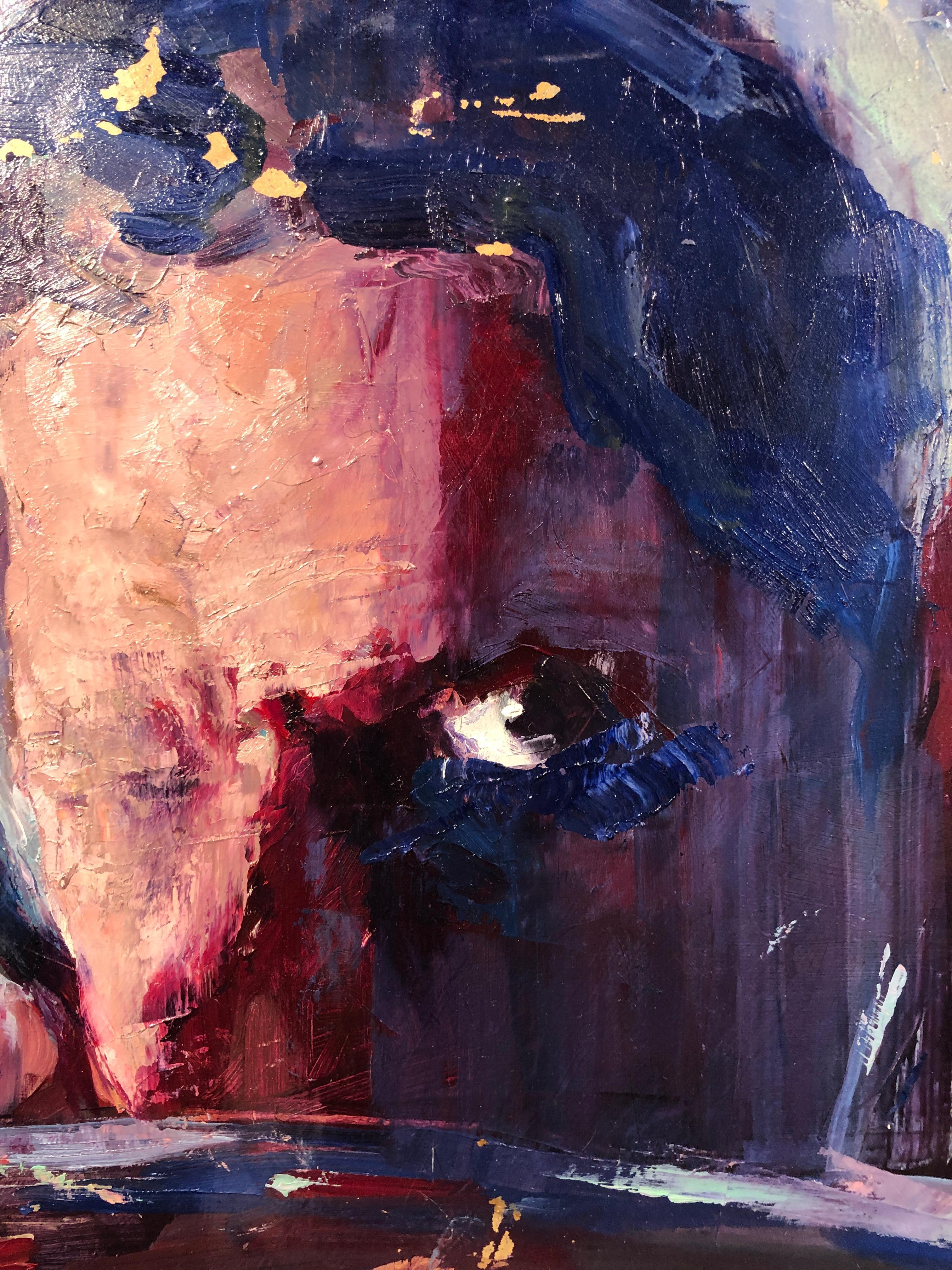 Rabid - Cinema Inspired One Eyed Male Figure, Oil Painting on Panel - Black Interior Painting by Georgia Hinaris
