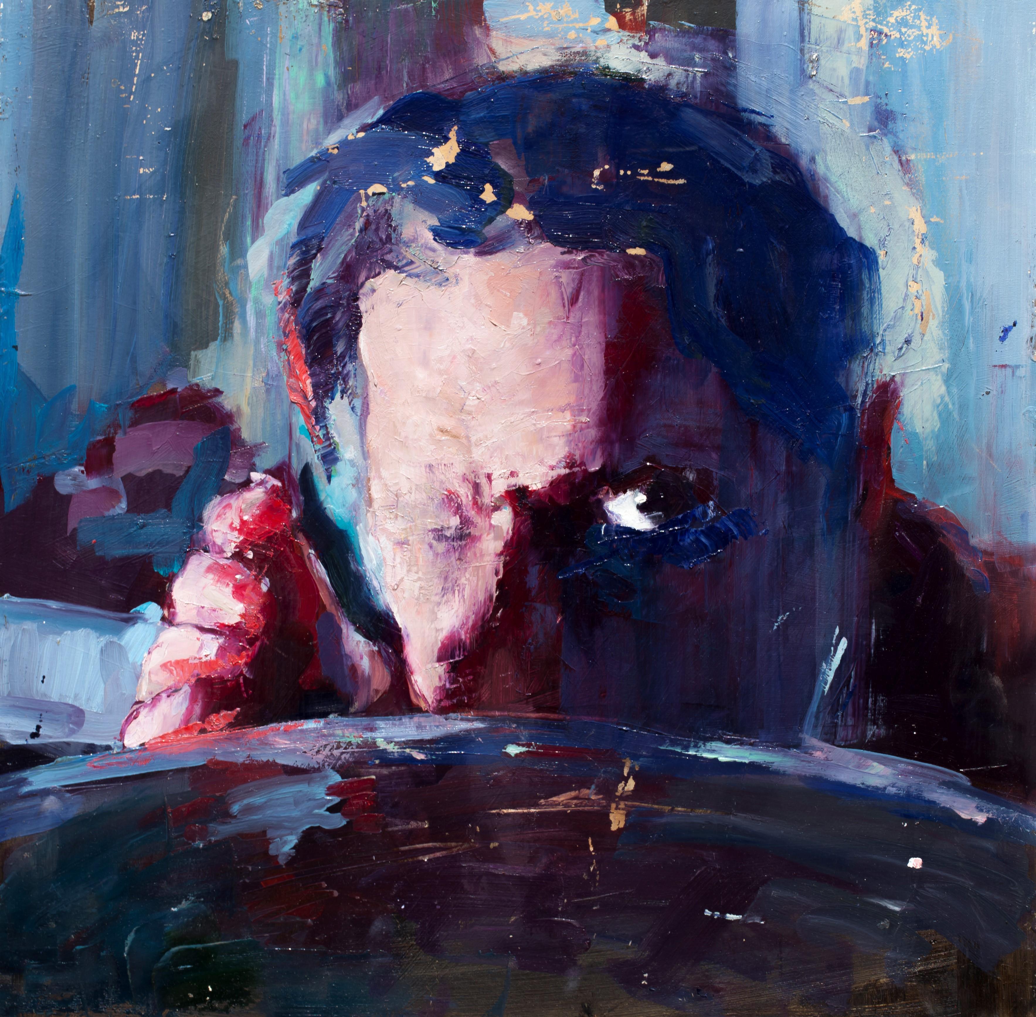 Georgia Hinaris Interior Painting – Rabid – von dem Film inspirierte männliche Figur mit einem Auge, Ölgemälde auf Tafel