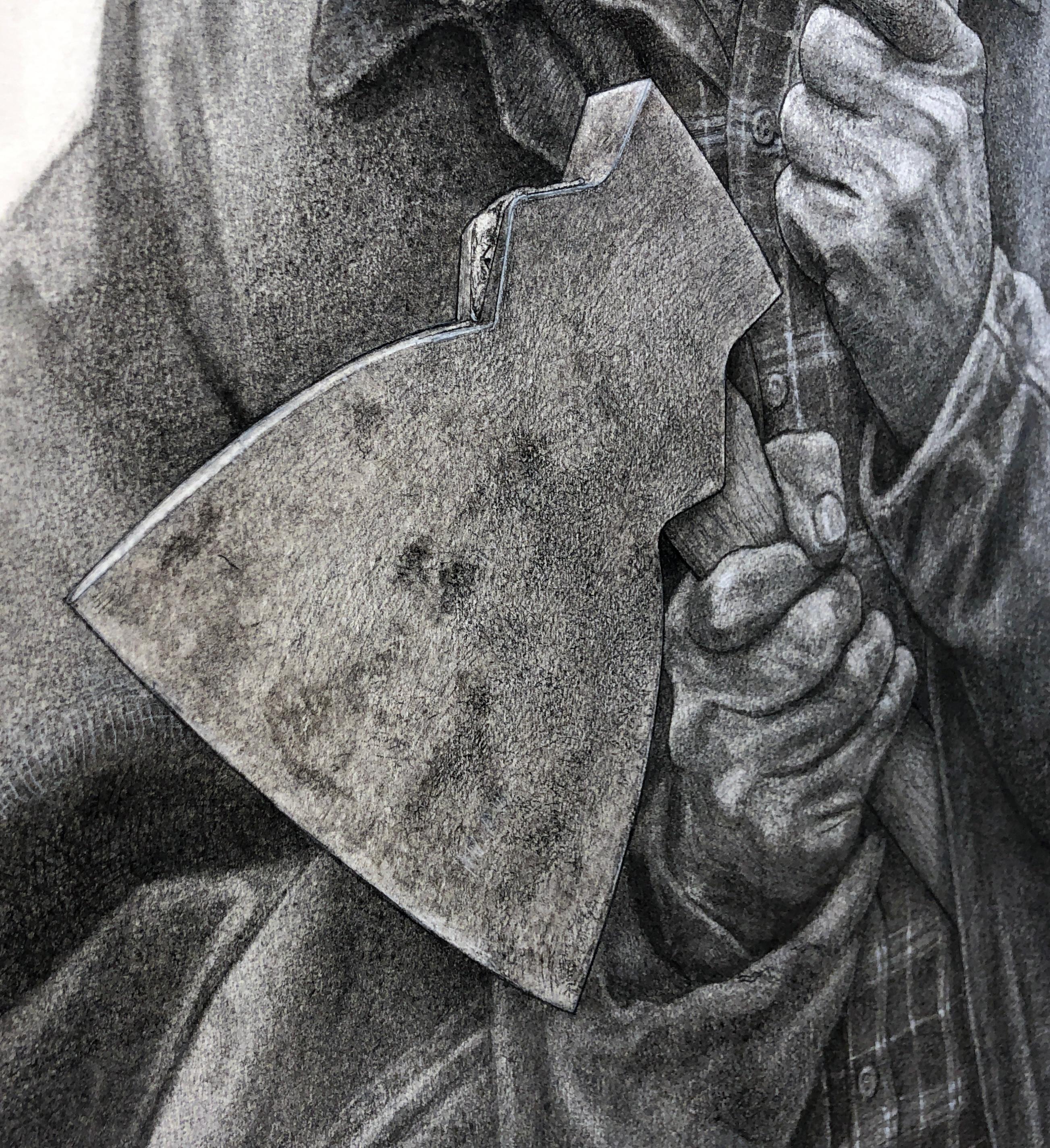 Pritzlaff - 1903, Male Wielding an Ax, Wearing an Aviator Hat, Charcoal Drawing - Contemporary Art by David Becker