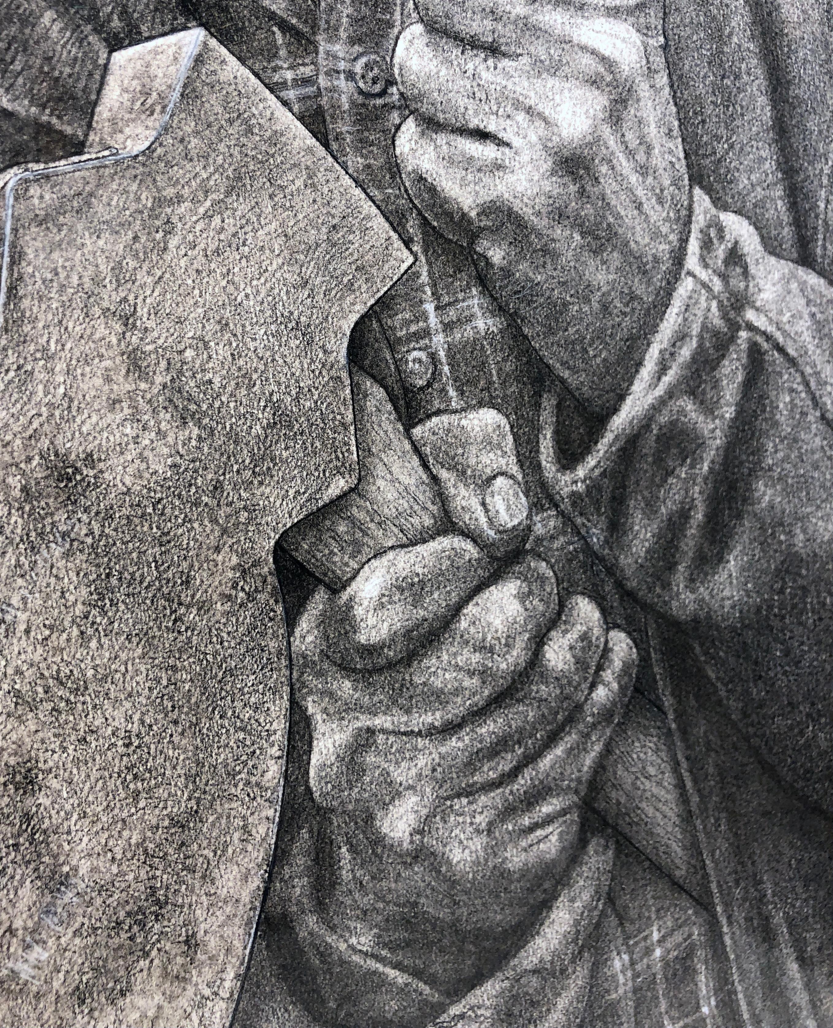 While charcoal is naturally a loose drawing medium, David Becker uses it with precision.  With a rich range of value and  strong darks, Becker captures the fine details with exacting clarity.  In his drawing 