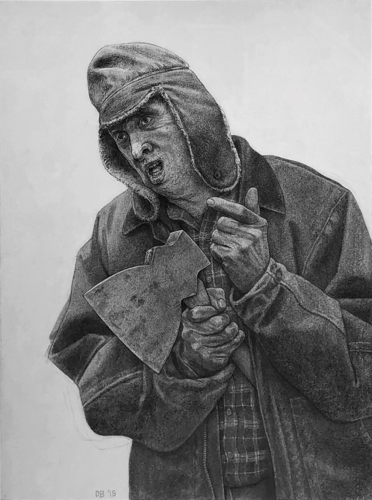 David Becker Portrait – Herrenschmied, 1903, mit Axt bewaschen, mit Aviatorhut bekleidet, Kohlezeichnung