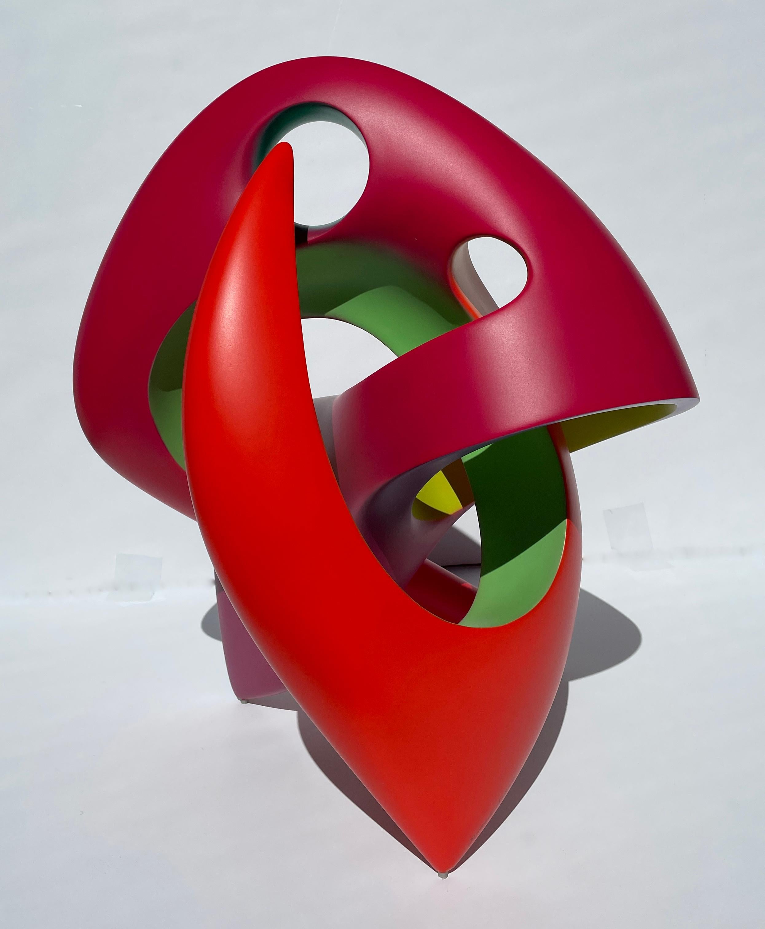 Robert Segal’s abstract sculpture offers a particularly fertile ground for experiments in shape, color, proportion, and technique. He steps away from non-traditional sculpting methods by using industrial manufacturing techniques – welding and mold