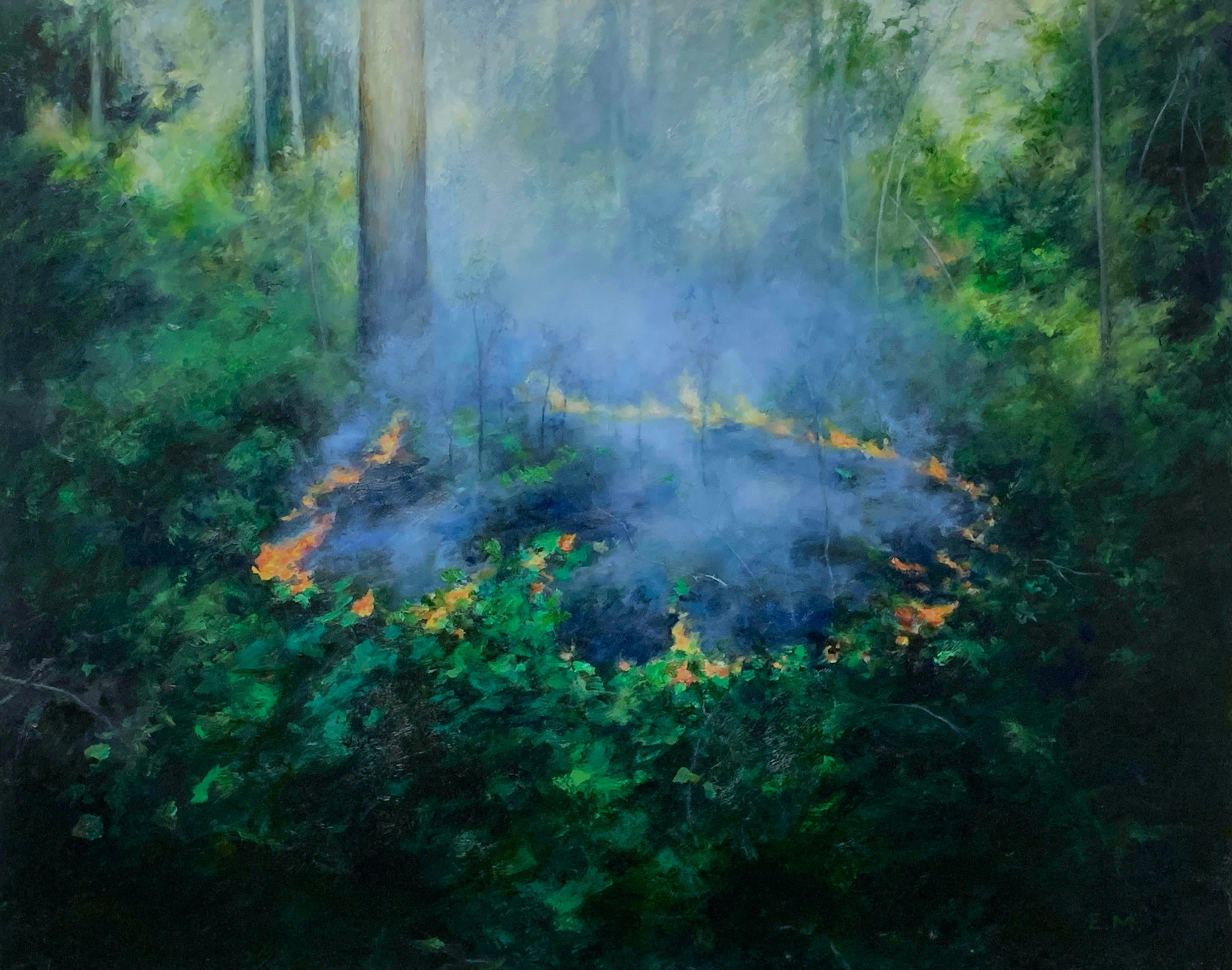 Elsa Muñoz Landscape Painting - Controlled Burn 3 - Ring of Fire with Hazy Smoke in a Dense Forest, Oil on Panel