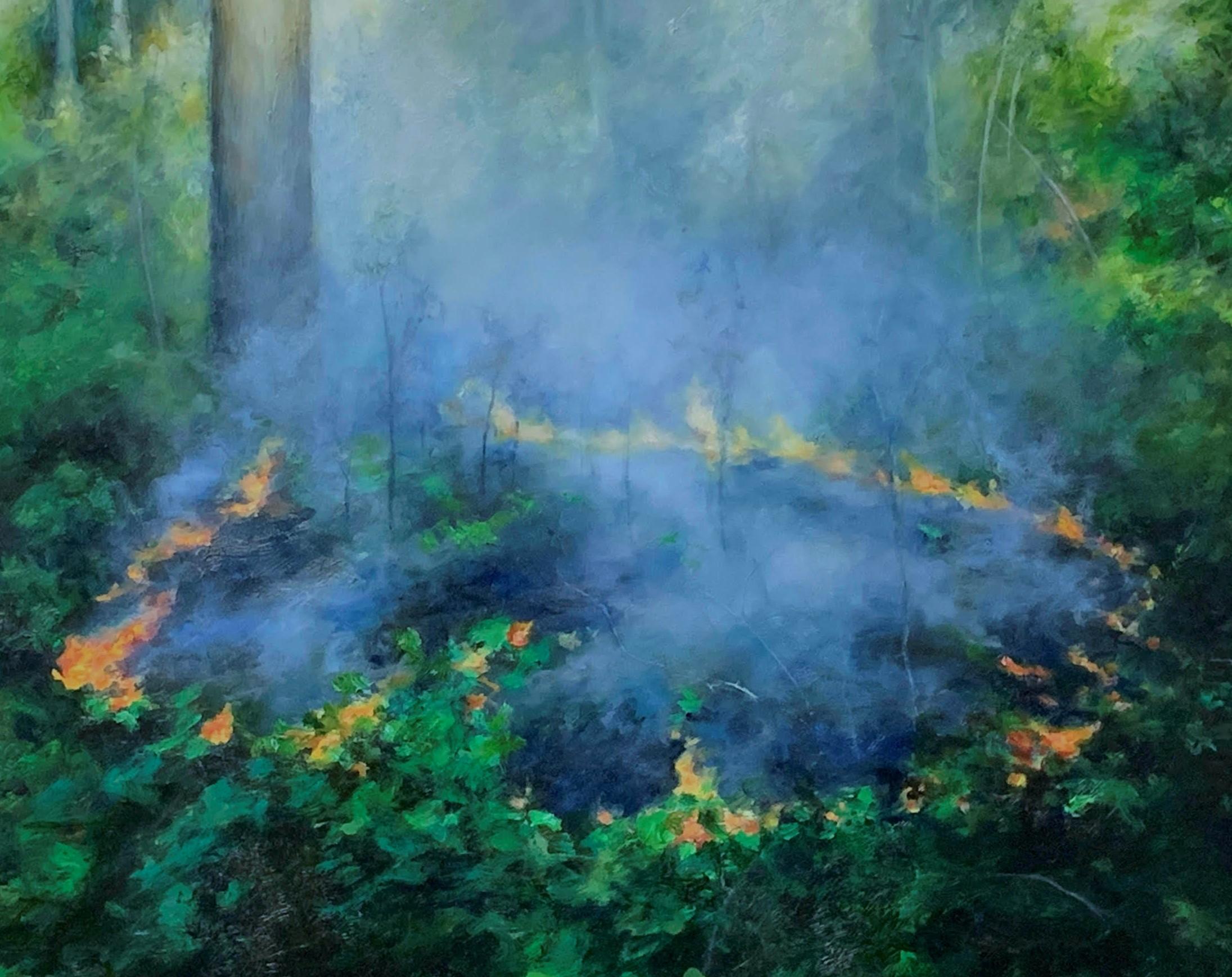 Controlled Burn 3 - Ring of Fire with Hazy Smoke in a Dense Forest, Oil on Panel - Painting by Elsa Muñoz