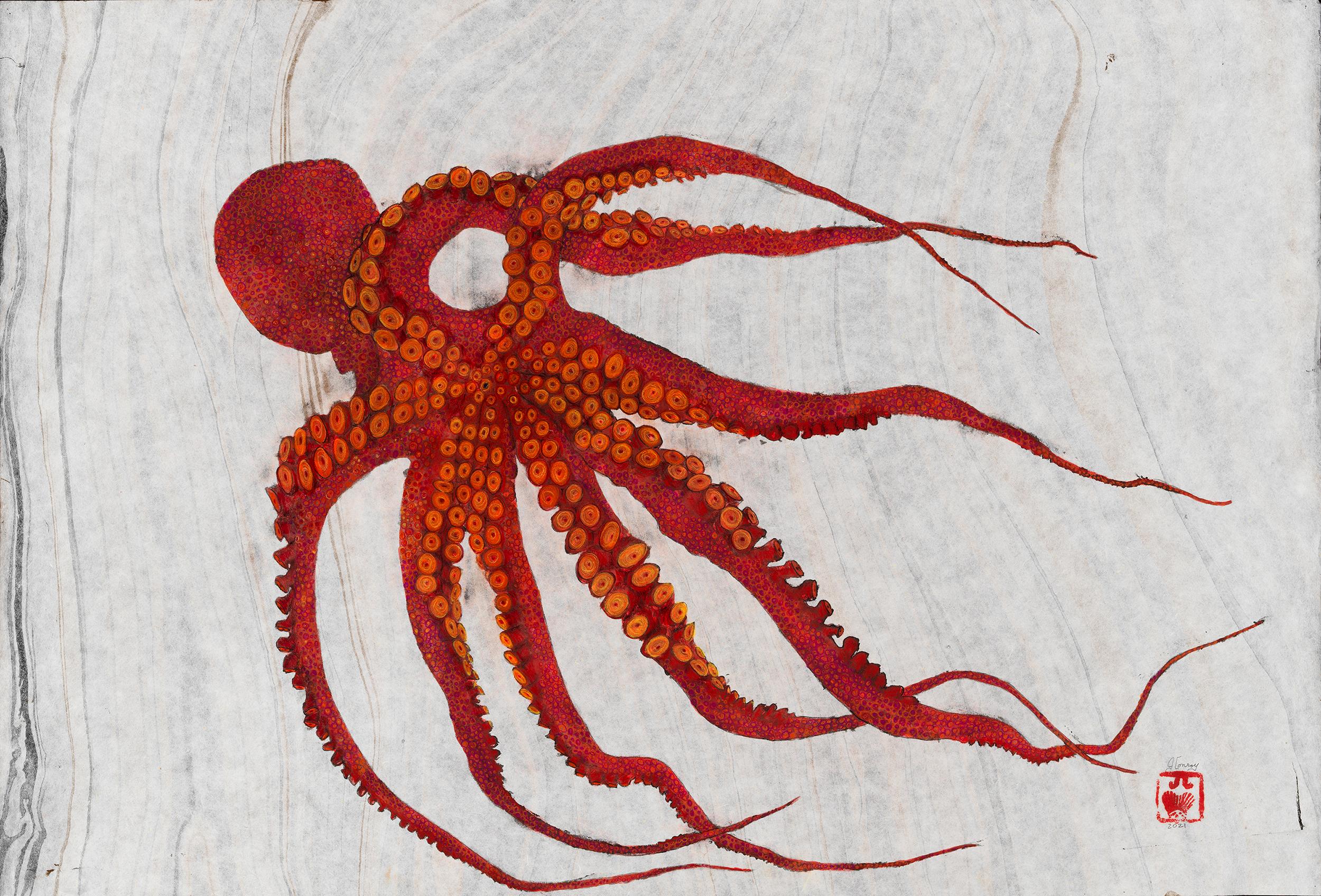 Jeff Conroy Animal Art - Red Retreats - Gyo-Tako Style Japanese Sumi Ink Print of a Large Octopus