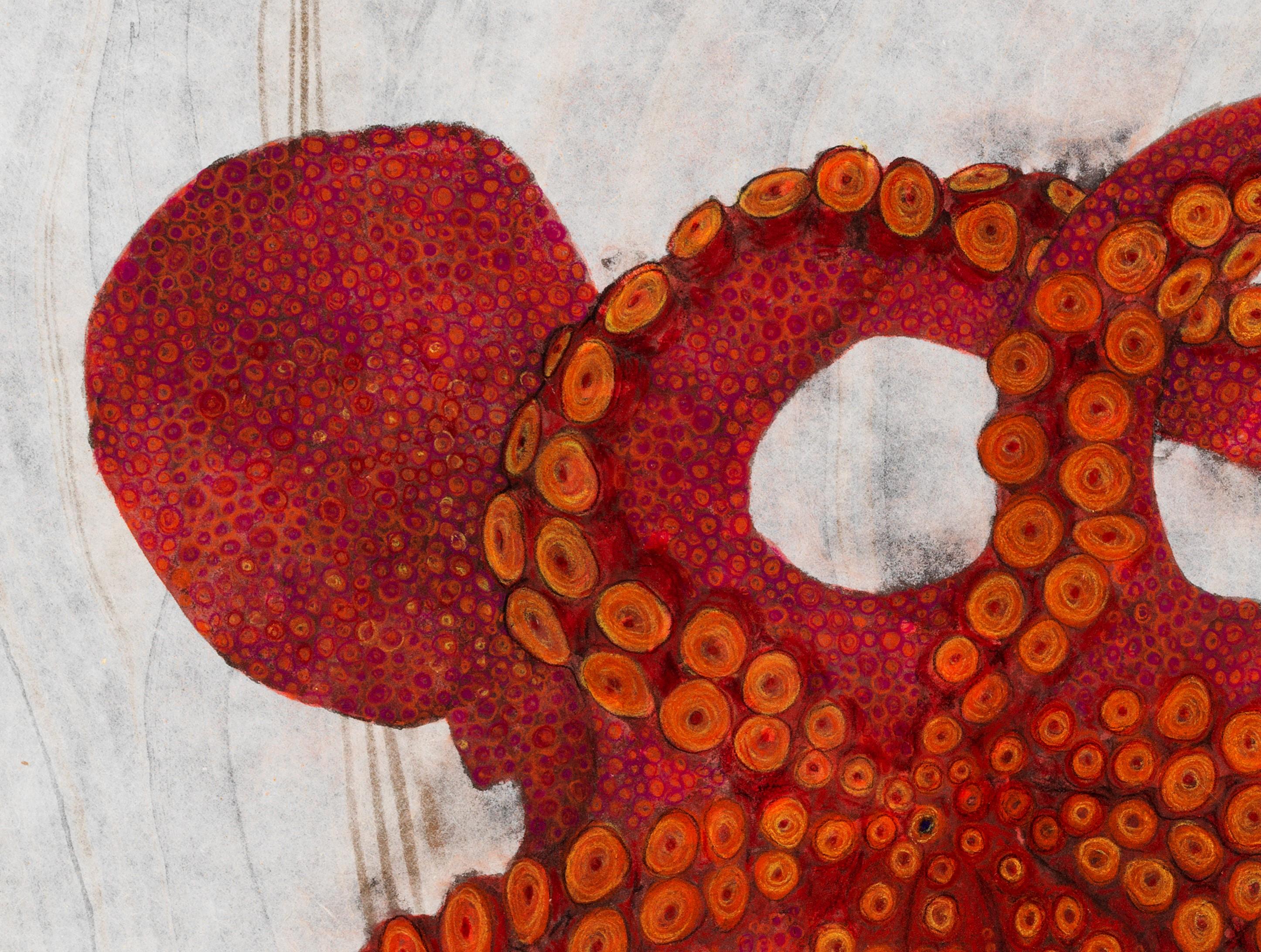 Red Retreats - Gyo-Tako Style Japanese Sumi Ink Print of a Large Octopus - Art by Jeff Conroy