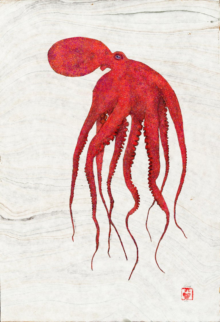 Jeff Conroy Animal Art - Red Rising - Gyotaku Style Japanese Sumi Ink Print, Large Red Orange Octopus