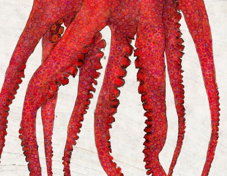 Red Rising - Gyotaku Style Japanese Sumi Ink Print, Large Red Orange Octopus - Gray Animal Art by Jeff Conroy