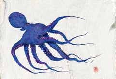Purple Pus - Gyotaku Style Japanese Sumi Ink Print, Octopus w Blue, Violet, Pink