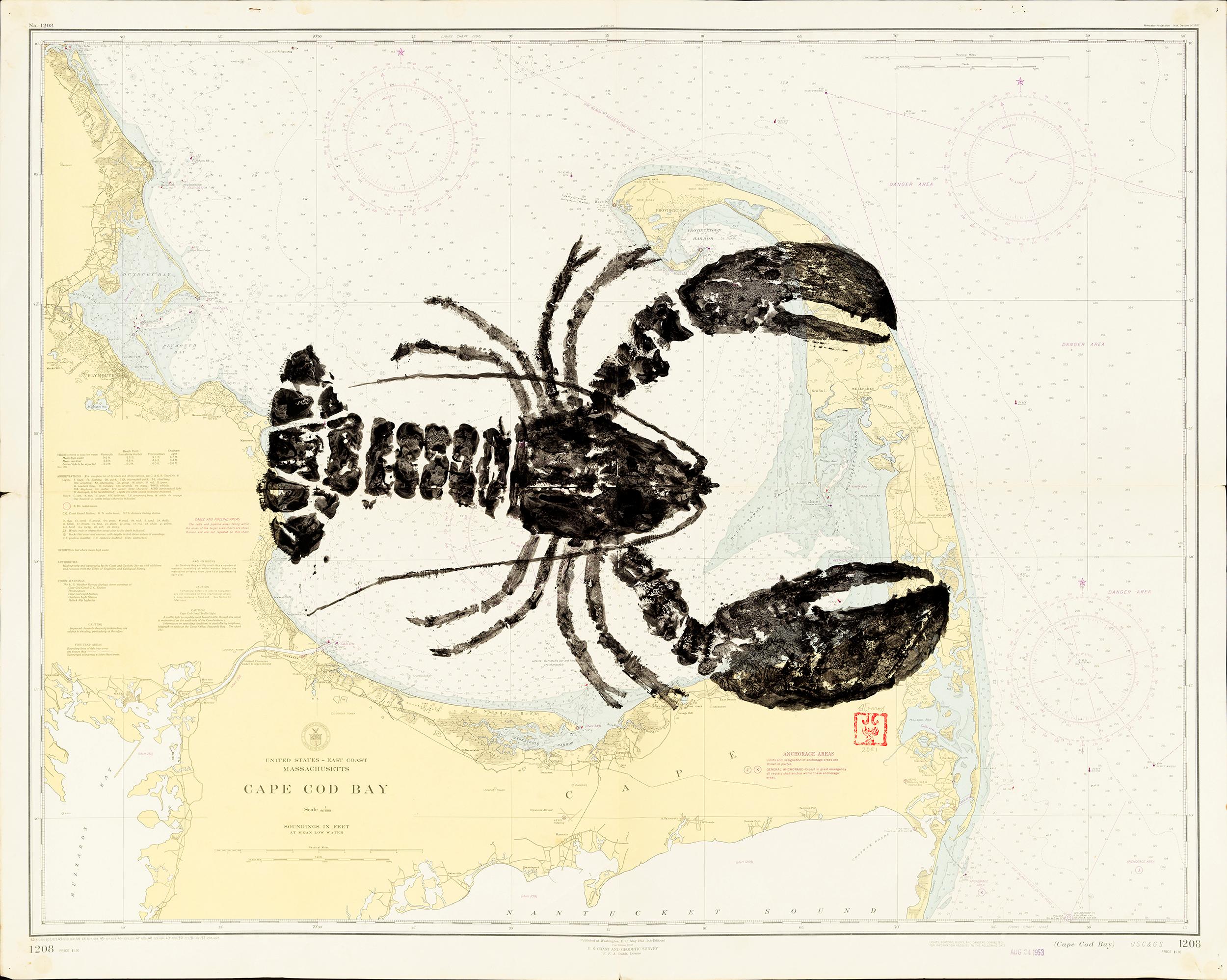 Jeff Conroy Animal Art - Cape Cod Big Bug - Gyotaku Lobster Painting on Vintage Nautical Map of Cape Cod