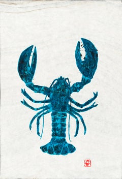 Big Turquoise Bug - Gyotaku Lobster Painting in Blue on Marbled Mulberry Paper