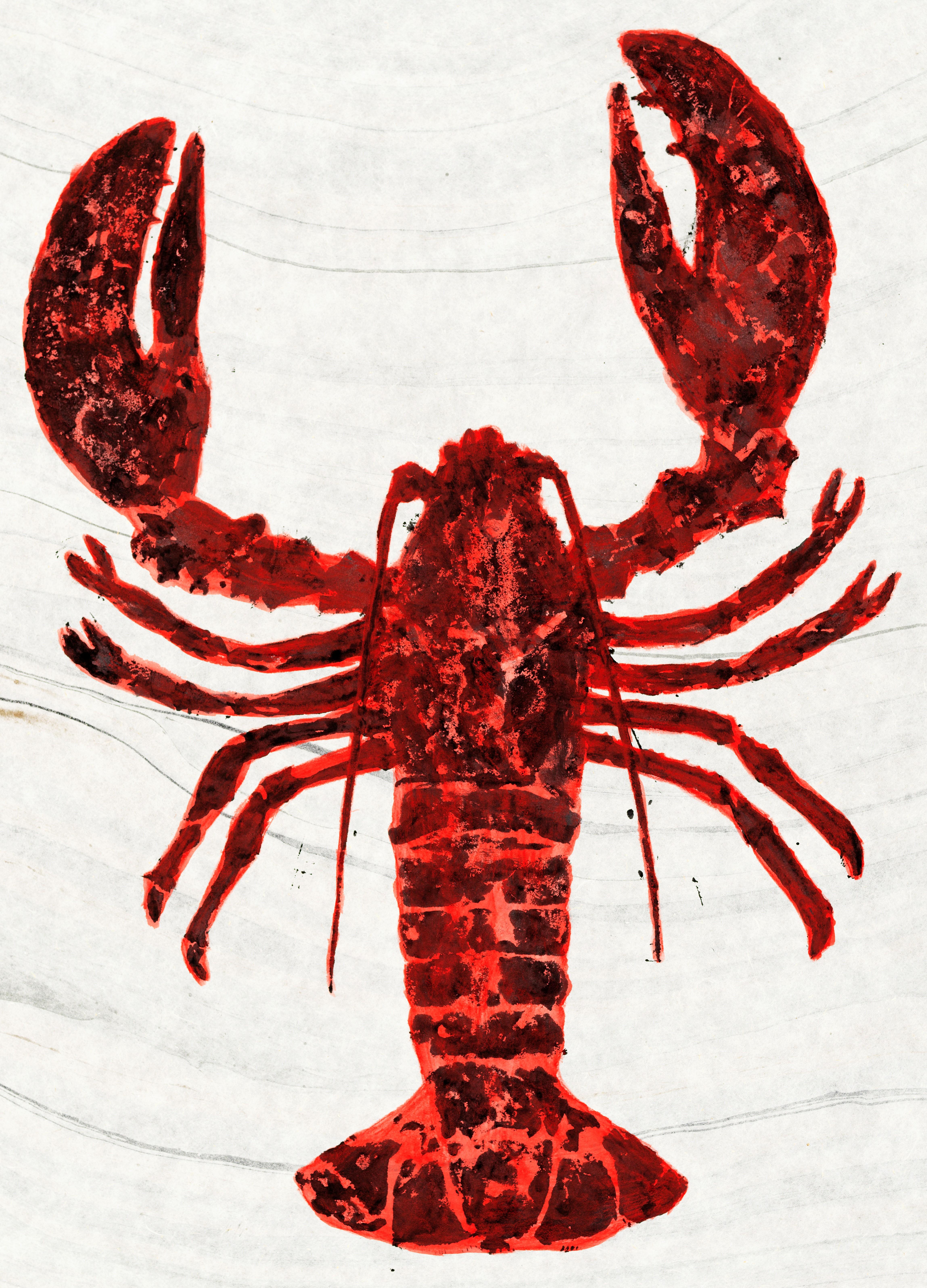 Big Red Bug - Gyotaku-Rotes Hummergemälde auf marmoriertem Maulbeerpapier  – Painting von Jeff Conroy