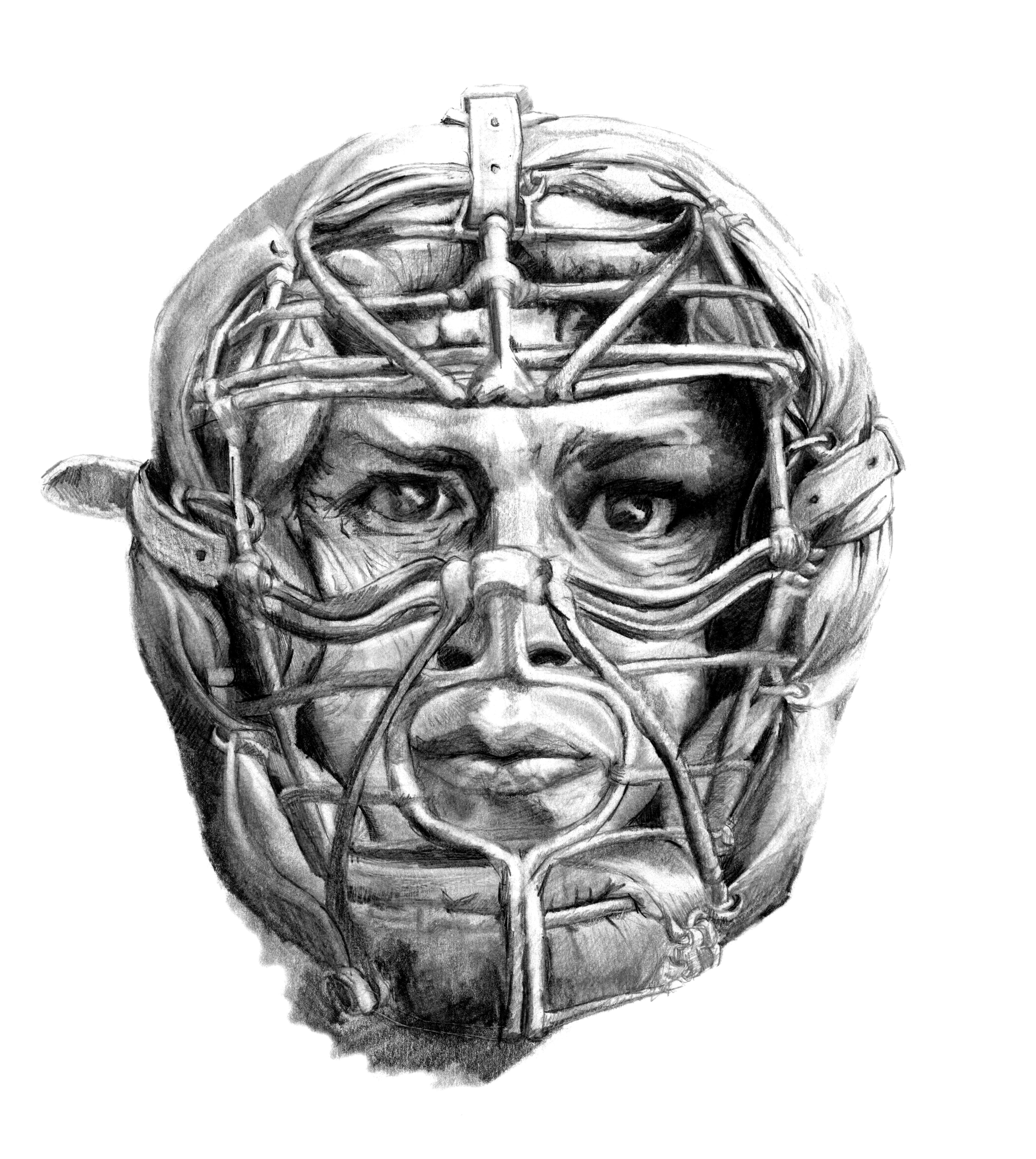 Margie Lawrence Figurative Painting - Chief Meyer - New York Giants Baseball Player Portrait in Catchers Mask