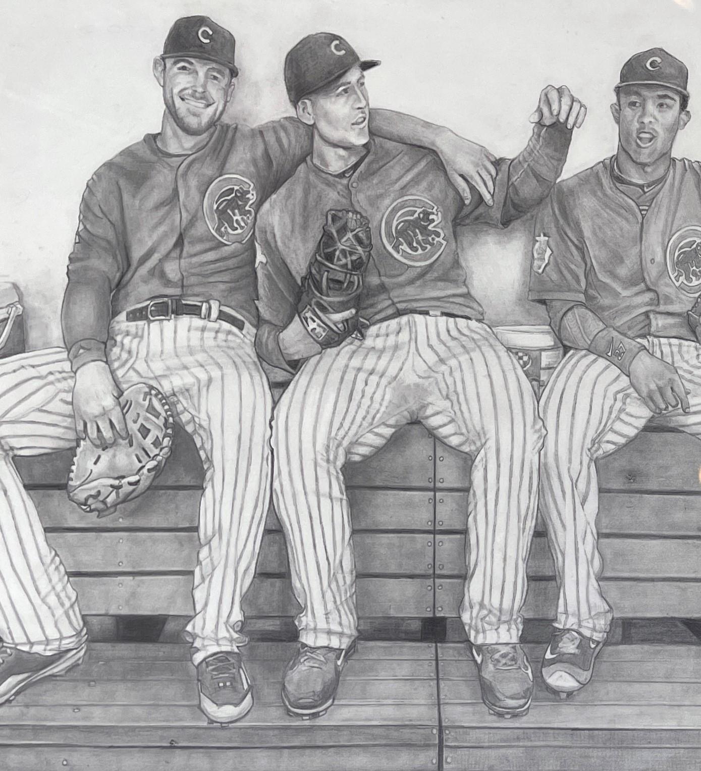 World Series Bank aus der Weltserie - Chicago Cubs, Bryant, Rizzo & Russell, Graphit auf Papier (Grau), Portrait, von Margie Lawrence