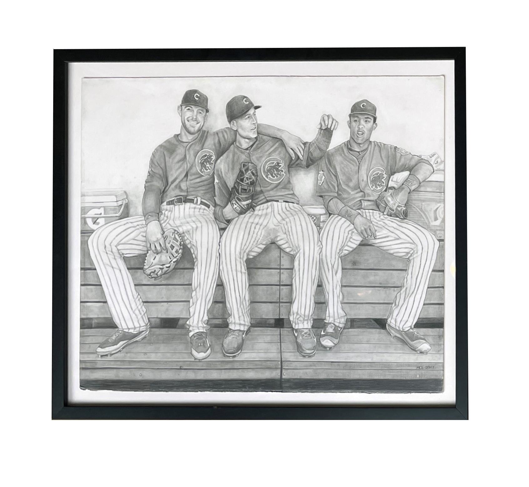 World Series Bench - Chicago Cubs, Bryant, Rizzo & Russell, Graphite on Paper - Art by Margie Lawrence