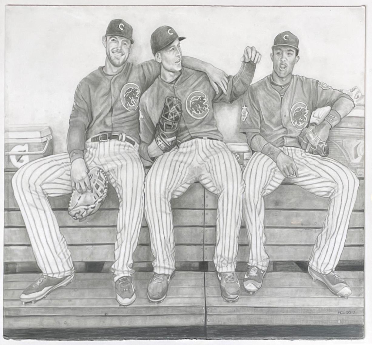 World Series Bank aus der Weltserie - Chicago Cubs, Bryant, Rizzo & Russell, Graphit auf Papier (Zeitgenössisch), Art, von Margie Lawrence