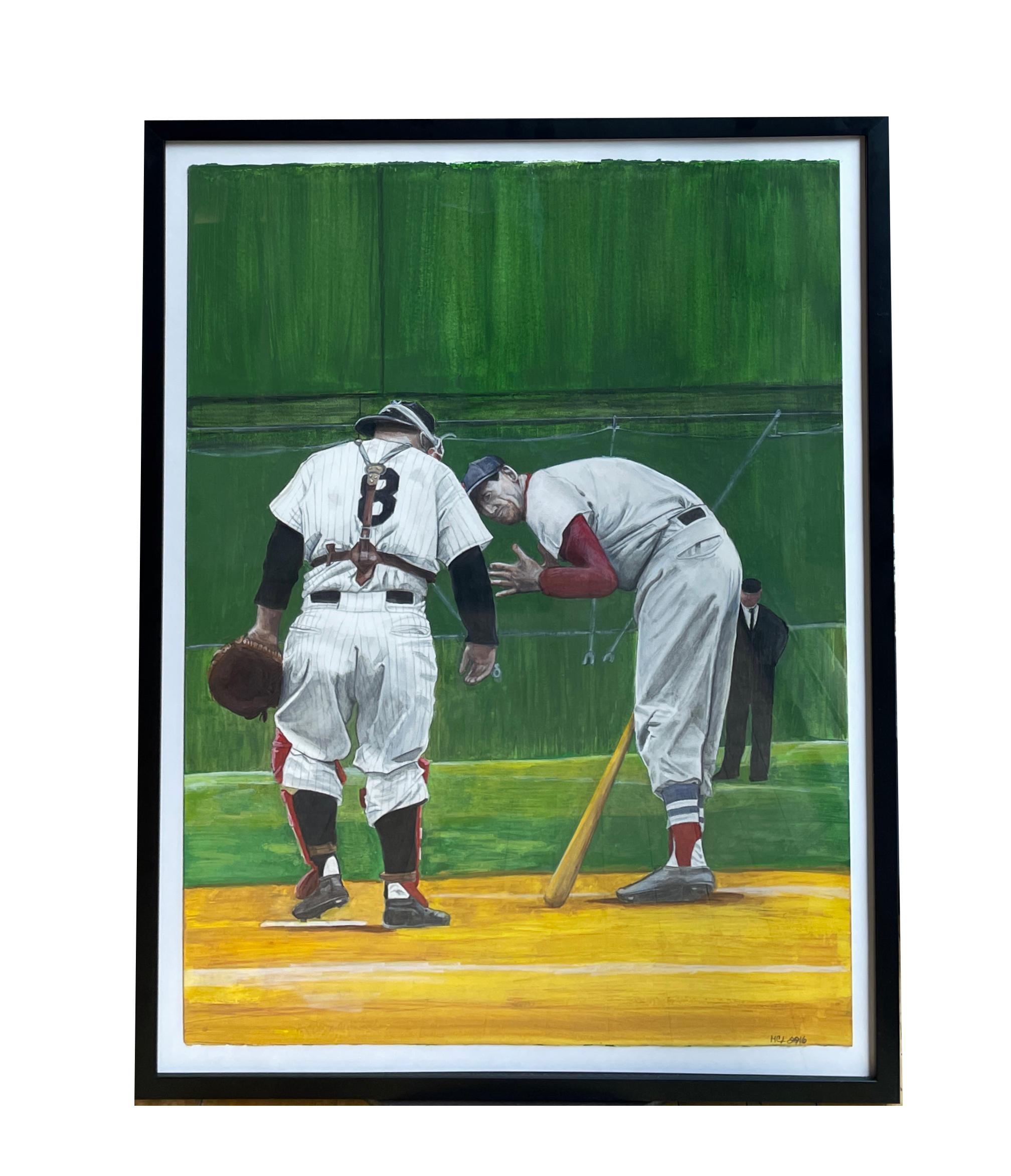 Yogi and Ted - Baseball Greats Yogi Berra and Ted Williams, Watercolor on Paper - Art by Margie Lawrence