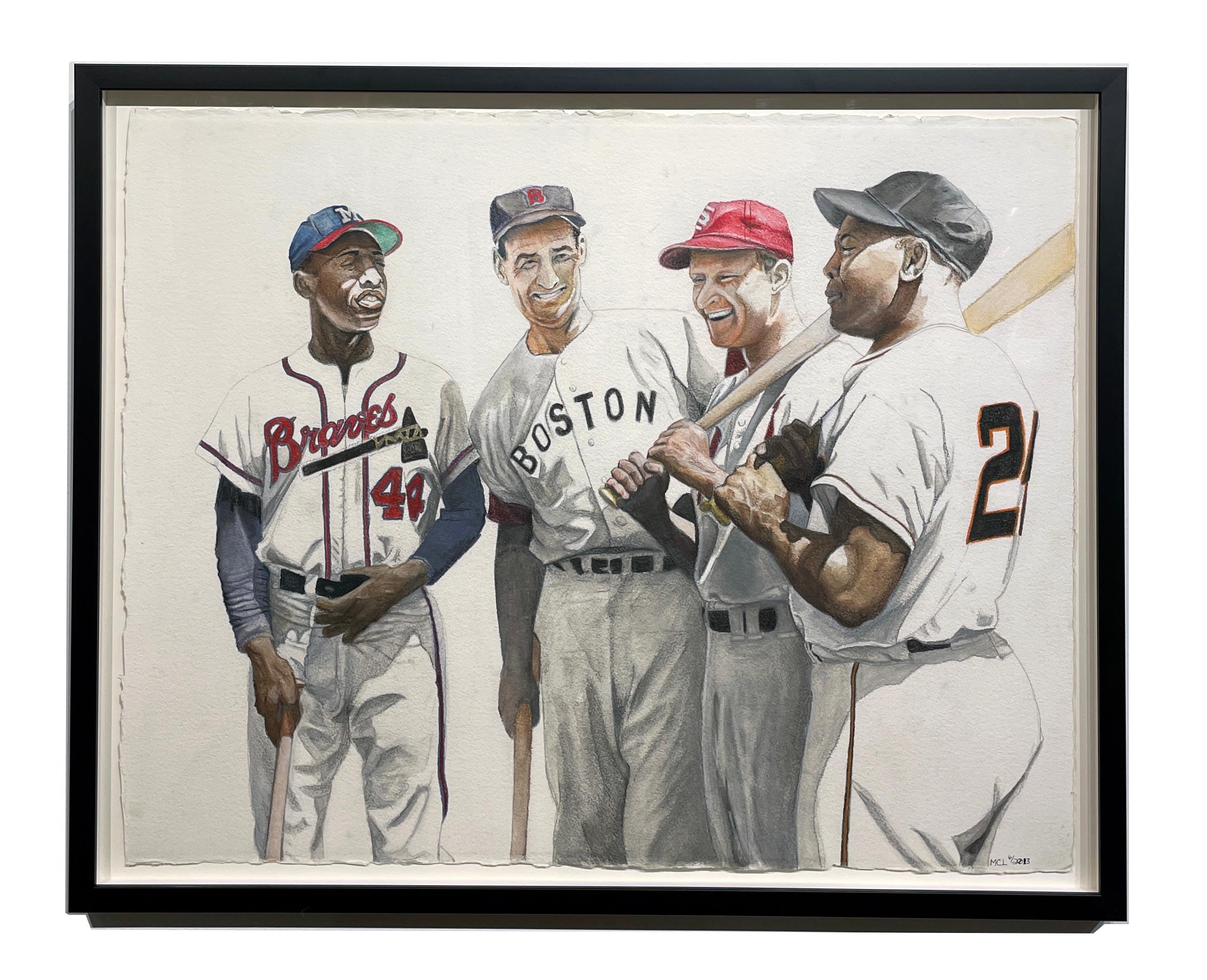 Hank Aaron, Ted Williams, Stan Musial, Willie Mays, Baseball-All-Stars-Gemälde – Art von Margie Lawrence