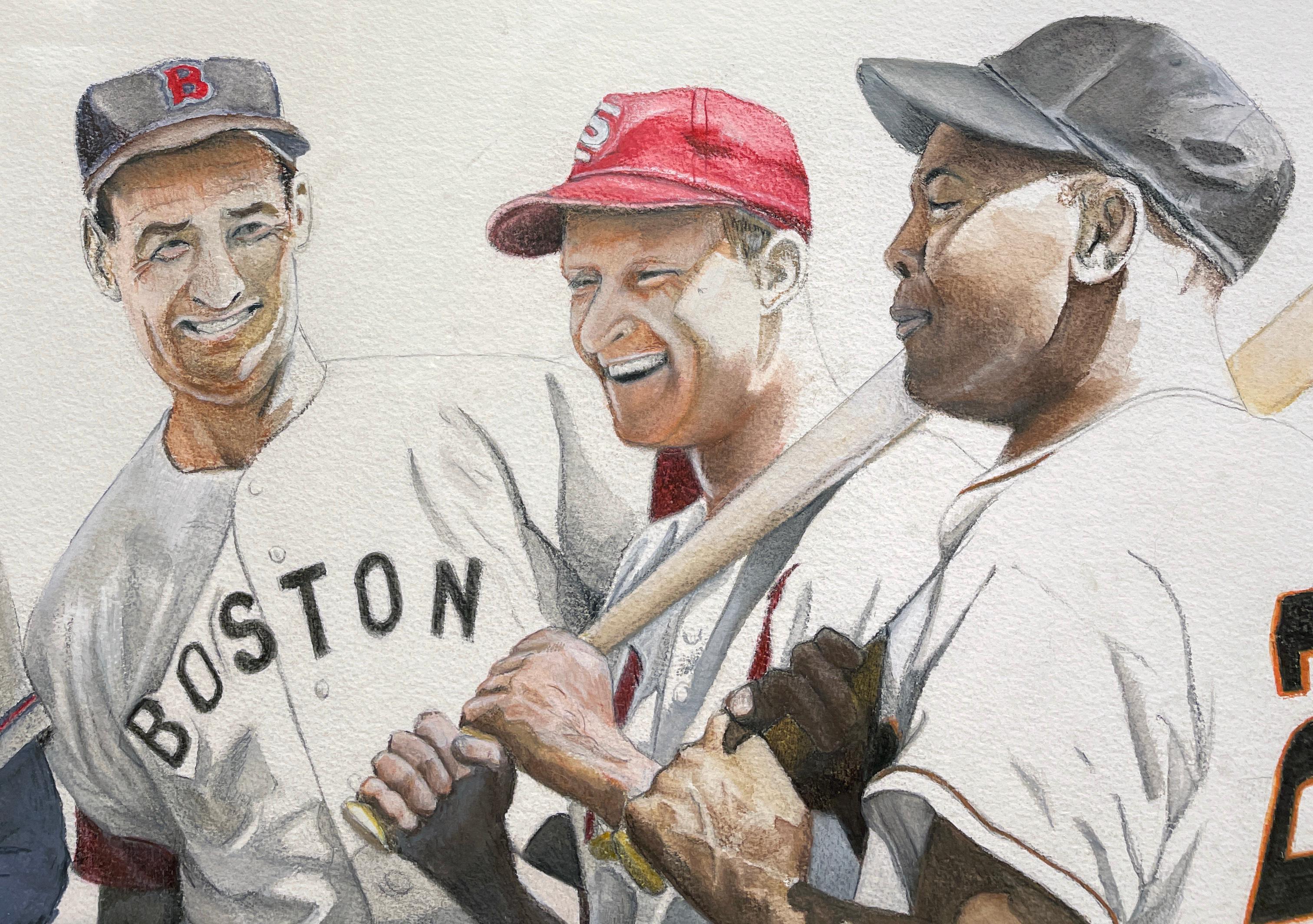 Hank Aaron, Ted Williams, Stan Musial, Willie Mays, Baseball-All-Stars-Gemälde (Grau), Portrait, von Margie Lawrence