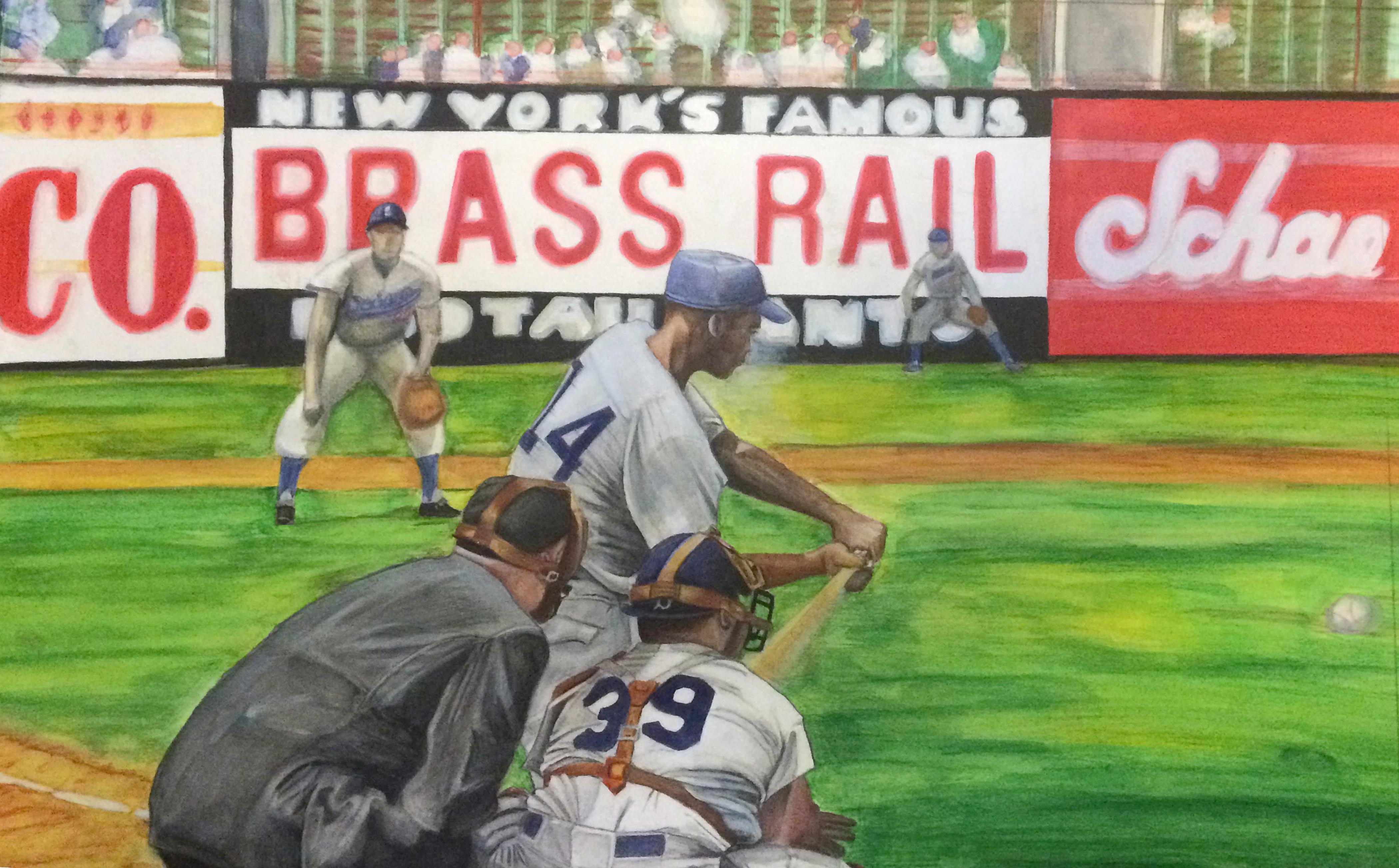 Margie Lawrence Figurative Painting - Ernie Banks at Ebetts Field - Chicago Cubs Baseball Great, Watercolor Framed