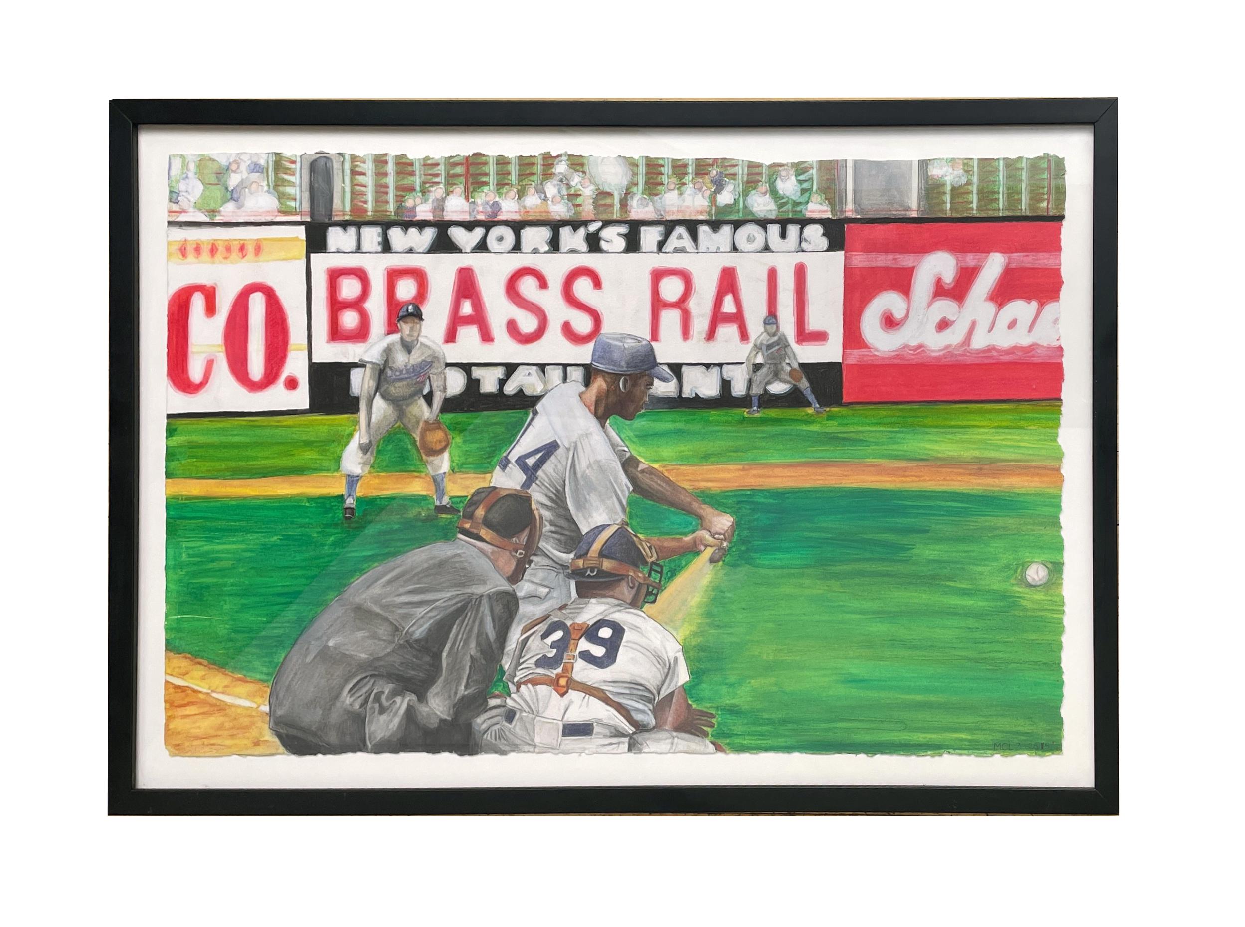 Ernie Banks at Ebetts Field - Chicago Cubs Baseball Great, aquarelle encadrée - Painting de Margie Lawrence
