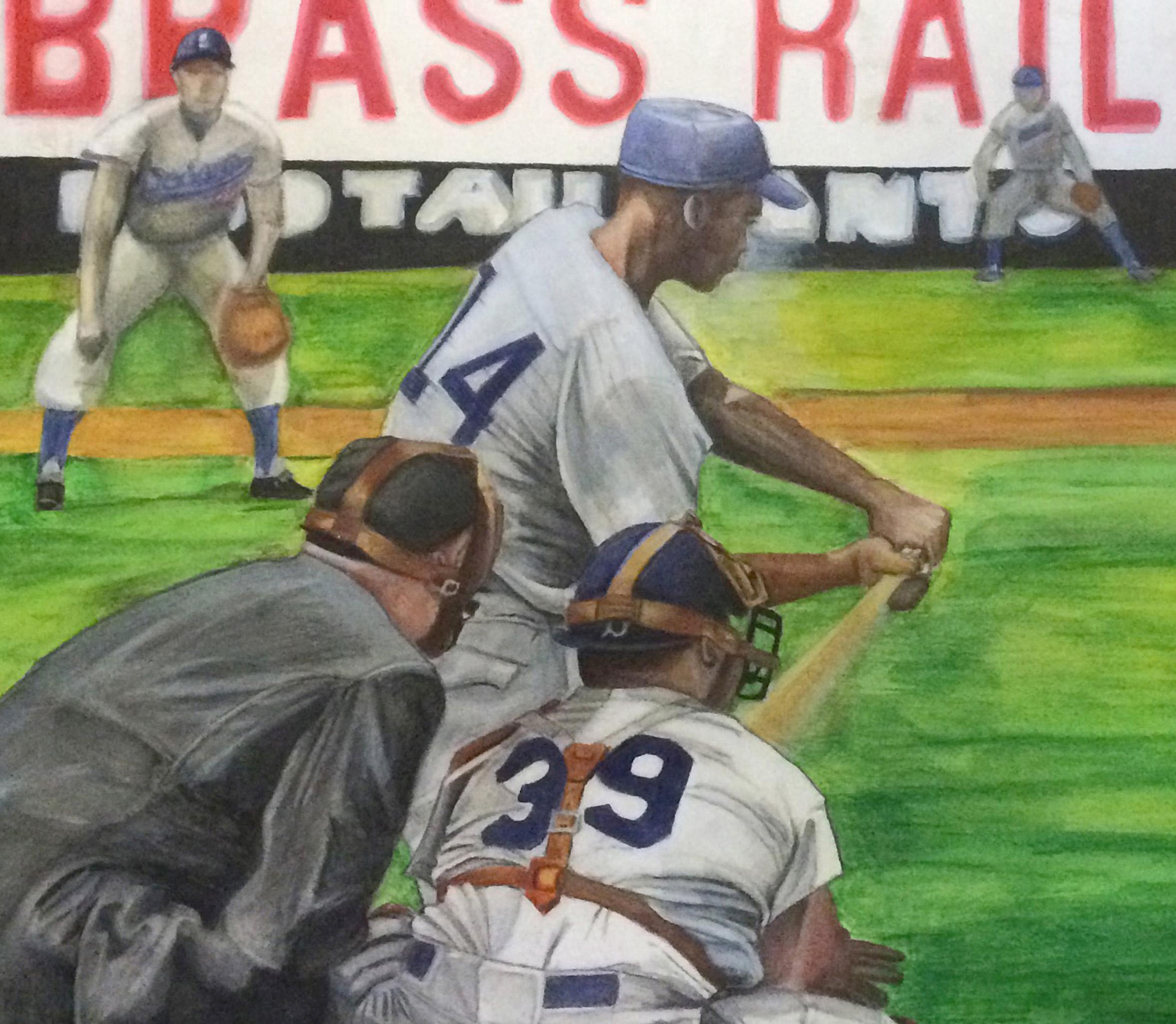 Ernie Banks at Ebetts Field - Chicago Cubs Baseball Great, aquarelle encadrée - Marron Figurative Painting par Margie Lawrence