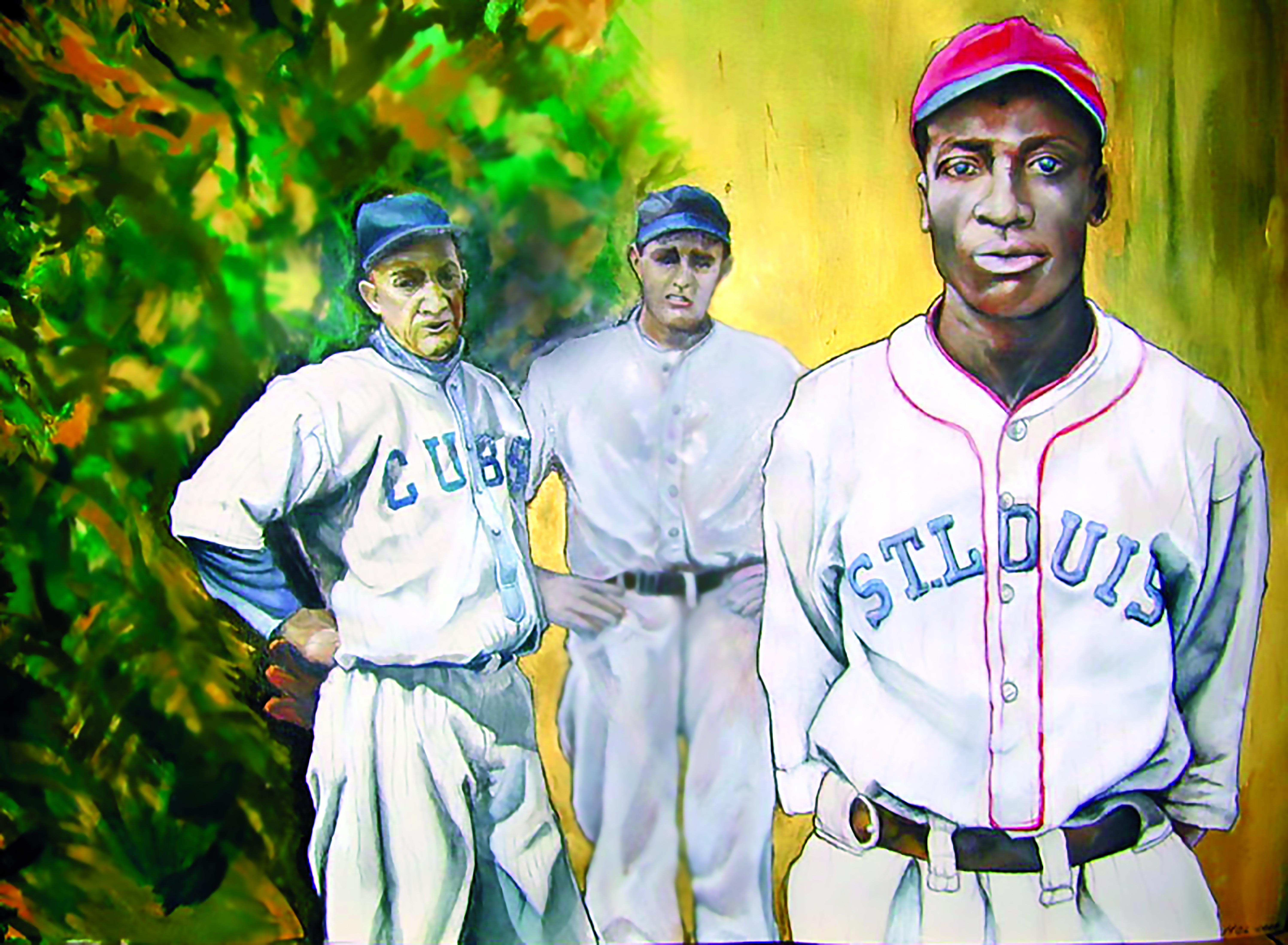 Figurative Painting Margie Lawrence - Pete Alexander, HW Bush & Cool Papa Bell - Baseball Greats avec un ancien président