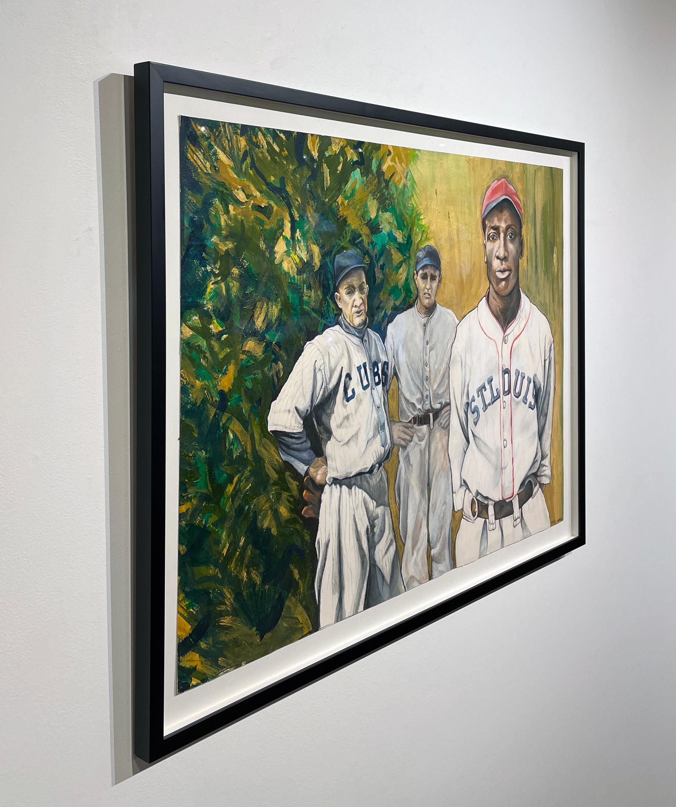 Pete Alexander, HW Bush & Cool Papa Bell - Baseball Greats w/ a Former President - Beige Figurative Painting by Margie Lawrence