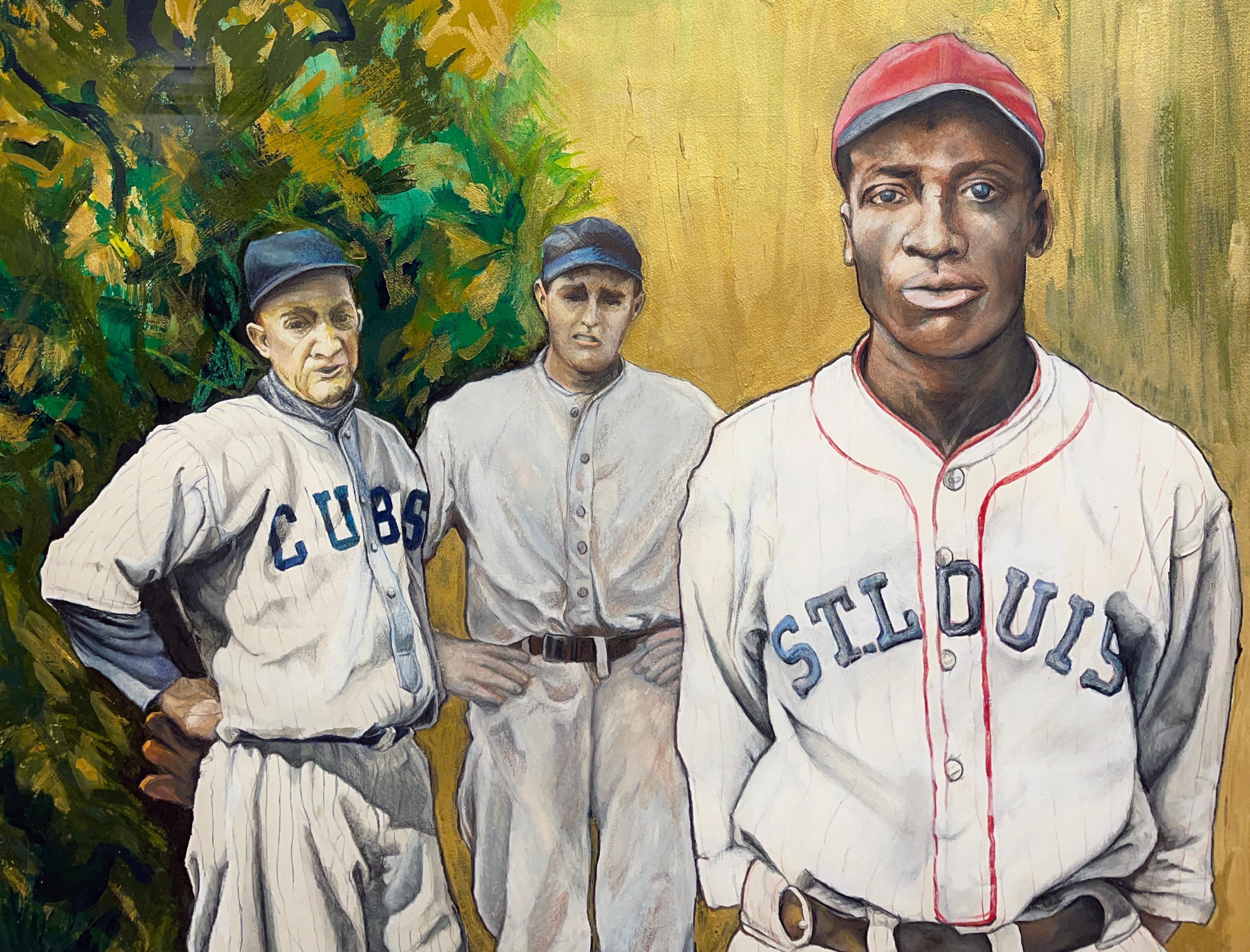 Pete Alexander, HW Bush & Cool Papa Bell - Baseball Greats avec un ancien président - Contemporain Painting par Margie Lawrence