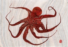 Black Cherry - Gyotaku Style Japanese Sumi Ink Painting, Large, Deep Red Octopus