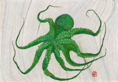 Mint Julep - Gyotaku Style Japanese Sumi Ink Painting, Large Green Octopus