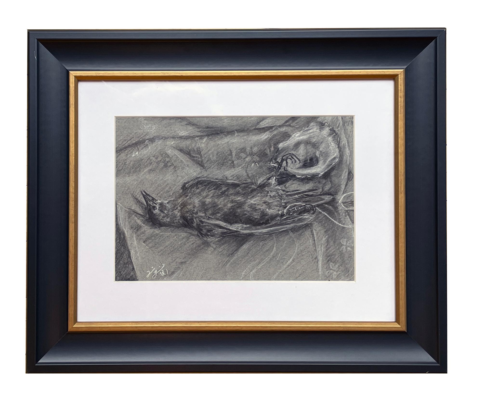 Tina Figarelli Animal Art - L'Ucello Study - Original Charcoal Study of a Bird on Toned Paper, Framed
