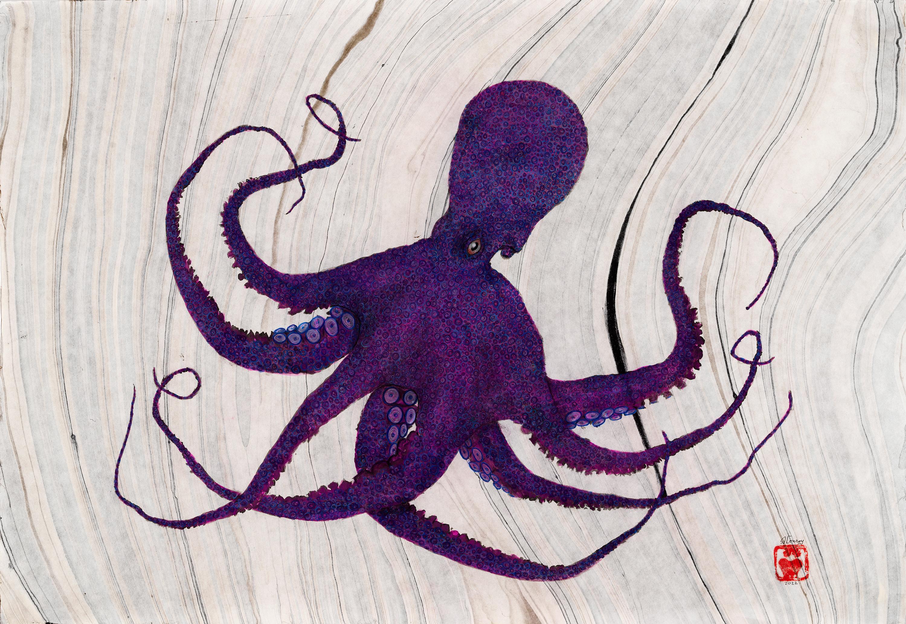 Grape of Wrath - Gyotaku Style Japanese Sumi Ink Painting, Large Purple Octopus