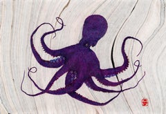 Raisin de la colère - Gyotaku, peinture japonaise à l'encre Sumi, grande pieuvre violette