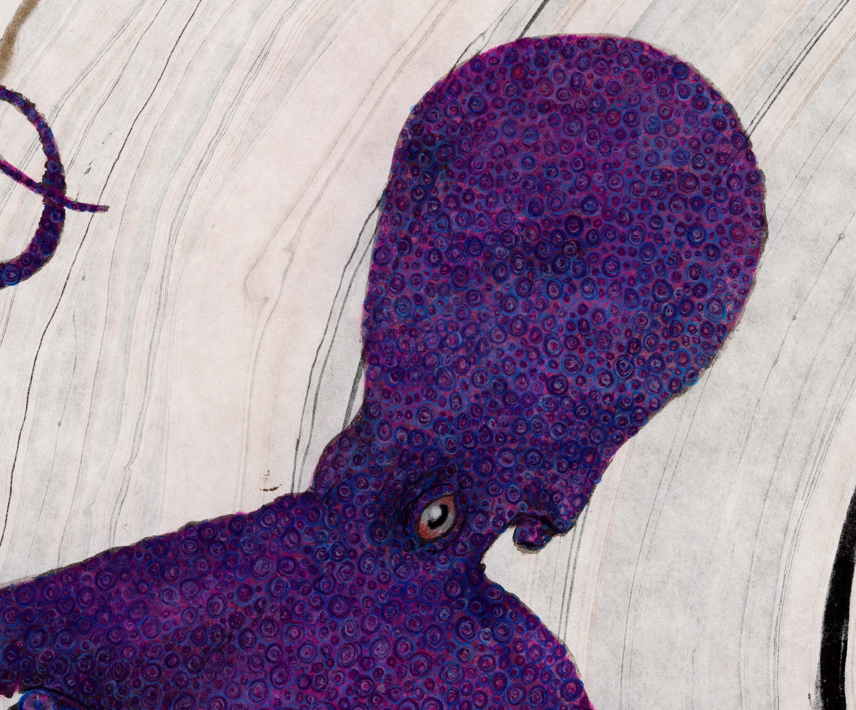 Raisin de la colère - Gyotaku, peinture japonaise à l'encre Sumi, grande pieuvre violette - Art de Jeff Conroy