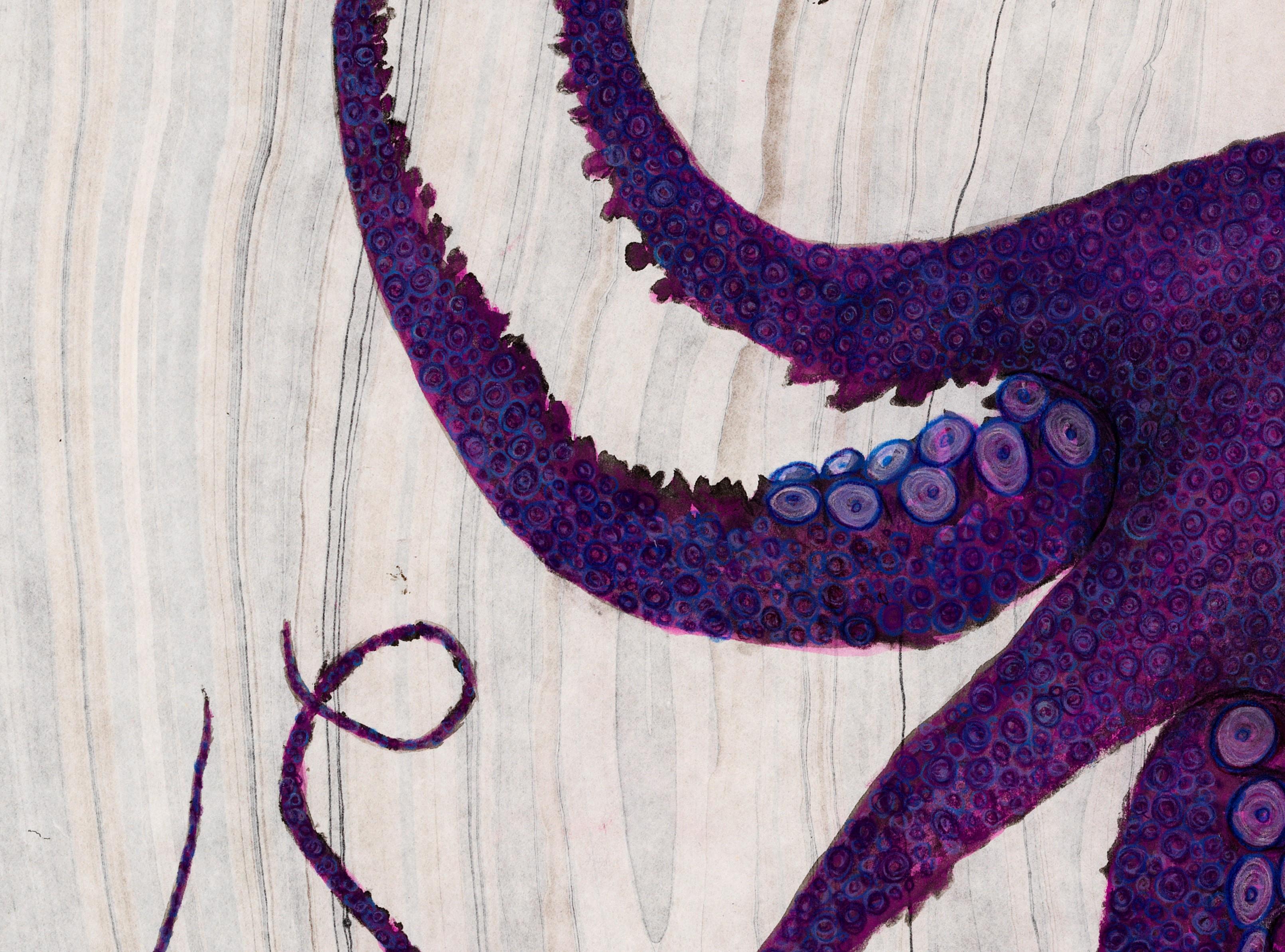 Raisin de la colère - Gyotaku, peinture japonaise à l'encre Sumi, grande pieuvre violette - Gris Animal Art par Jeff Conroy