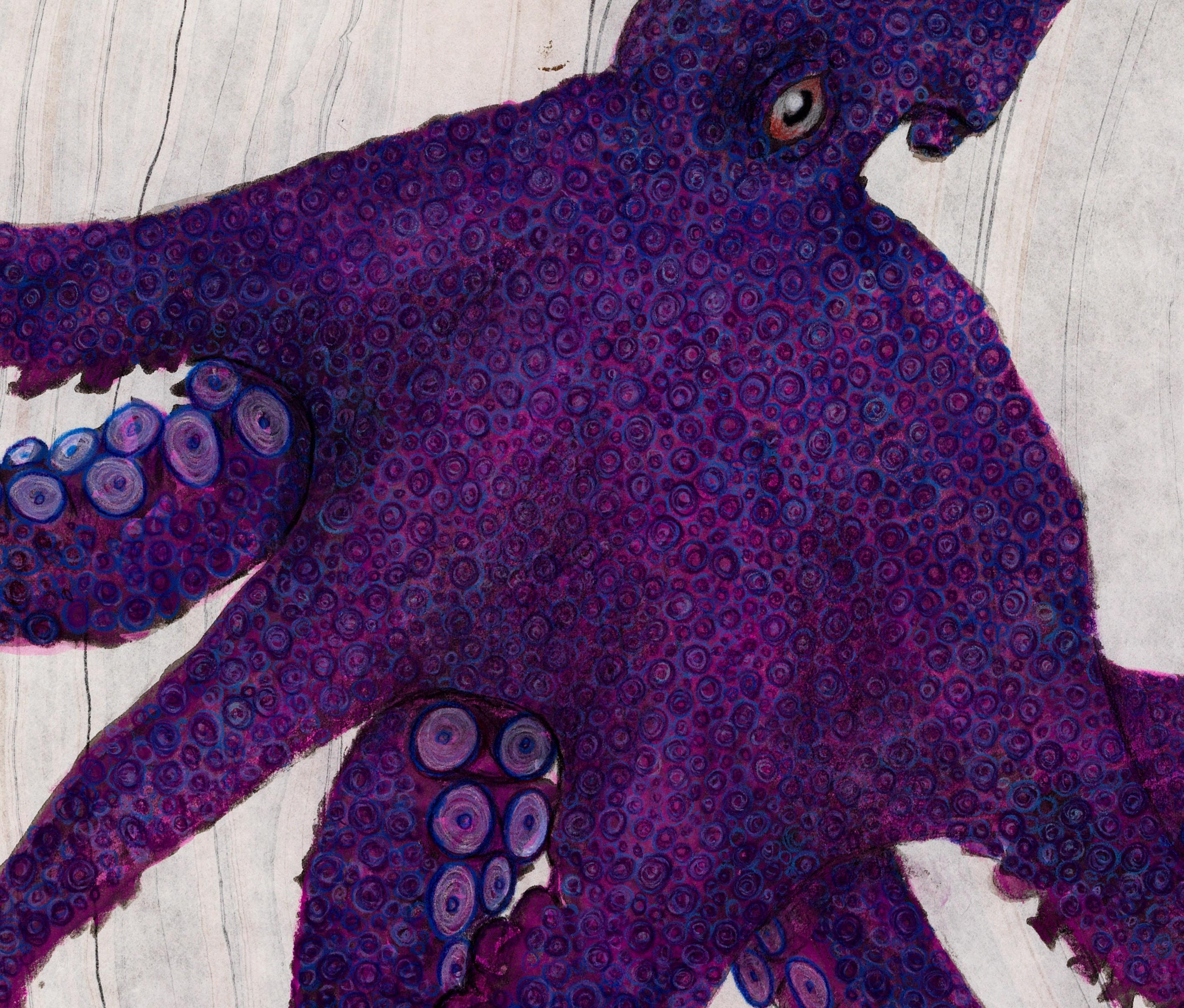 Raisin de la colère - Gyotaku, peinture japonaise à l'encre Sumi, grande pieuvre violette - Contemporain Art par Jeff Conroy