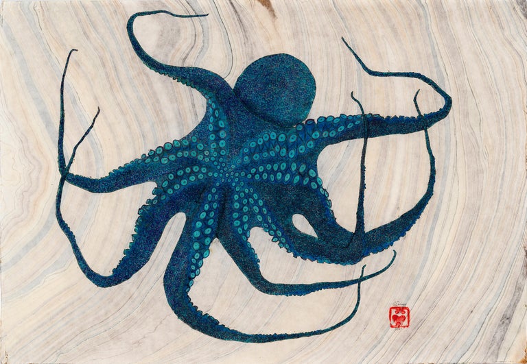 Jeff Conroy Animal Painting - Blue Bayou - Gyotaku Style Japanese Sumi Ink Painting, Large Blue Octopus