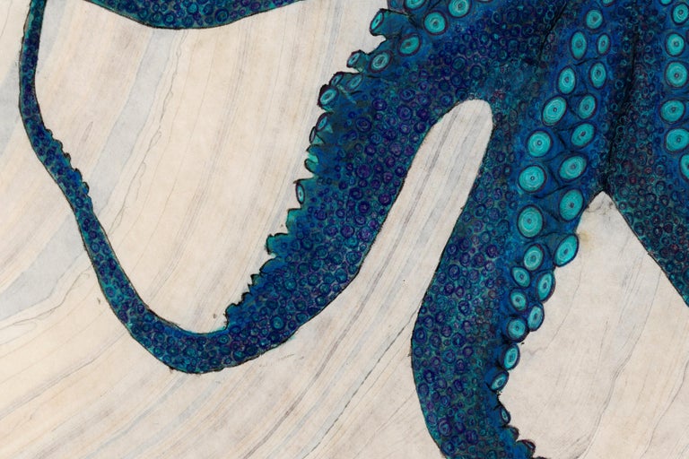 Blue Bayou - Gyotaku Style Japanese Sumi Ink Painting, Large Blue Octopus For Sale 1