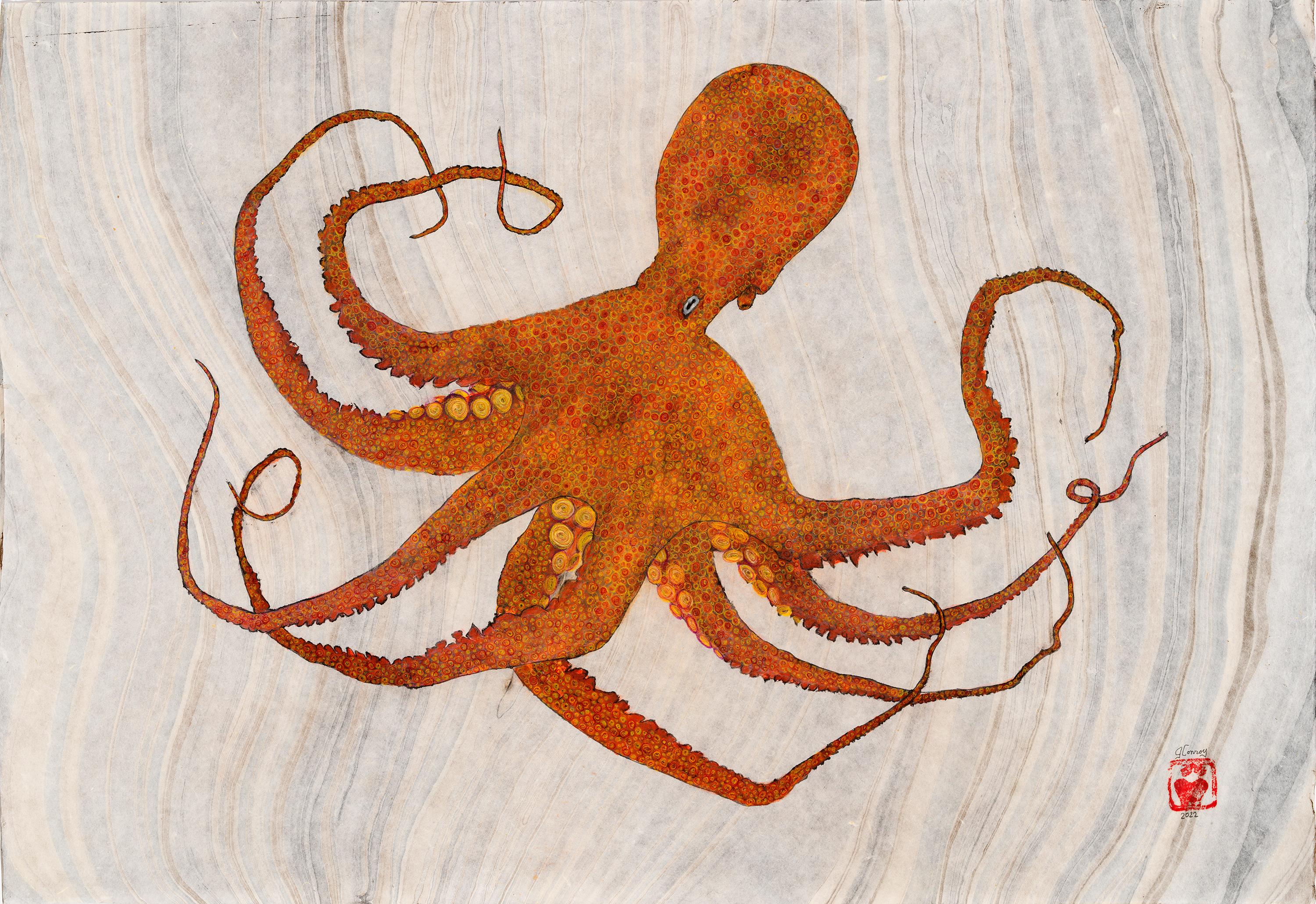 Jeff Conroy Animal Painting - Orange Crush - Gyotaku Style Japanese Sumi Ink Painting, Large Orange Octopus