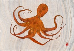 Orange Crush - Gyotaku Style Japanese Sumi Ink Painting, Large Orange Octopus