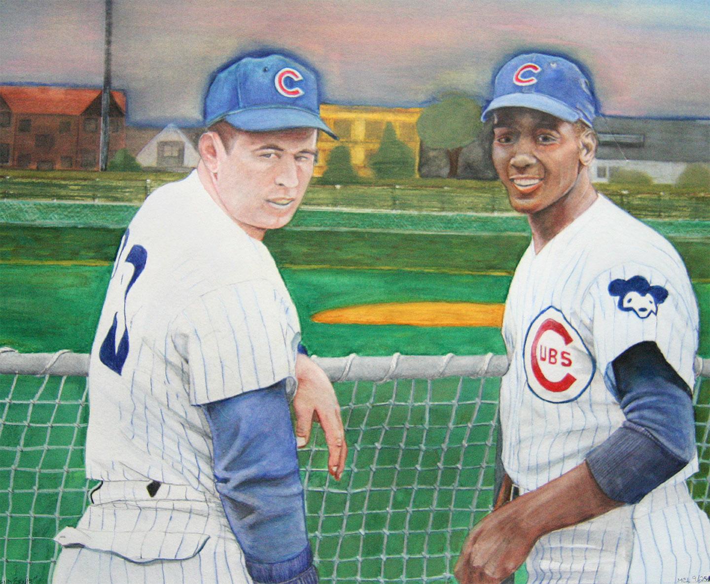 Margie Lawrence Figurative Painting – Ron Santo und Ernie Banks - Originalgemälde von „Mr. Cub“ und „Mr. Sunshine“