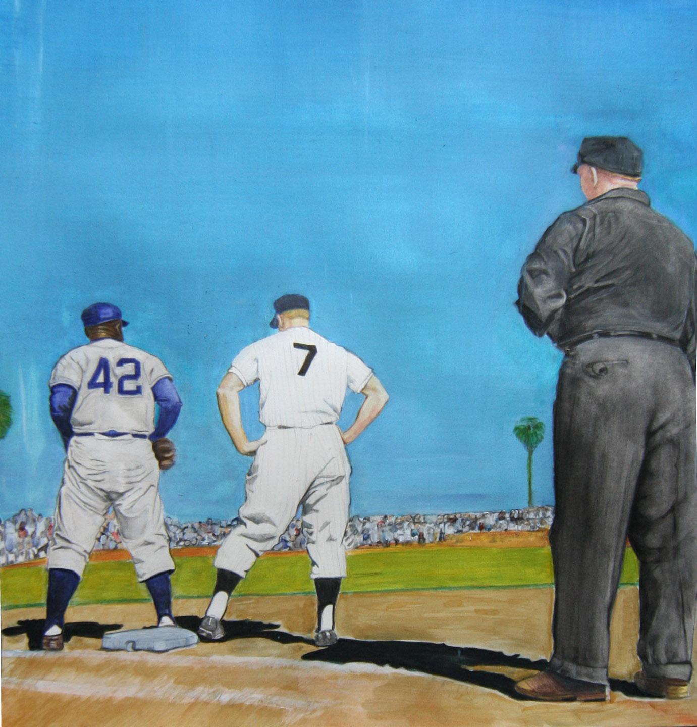 Margie Lawrence Figurative Painting - Spring Training - Watercolor of Baseball Greats Jackie Robinson & Mickey Mantel